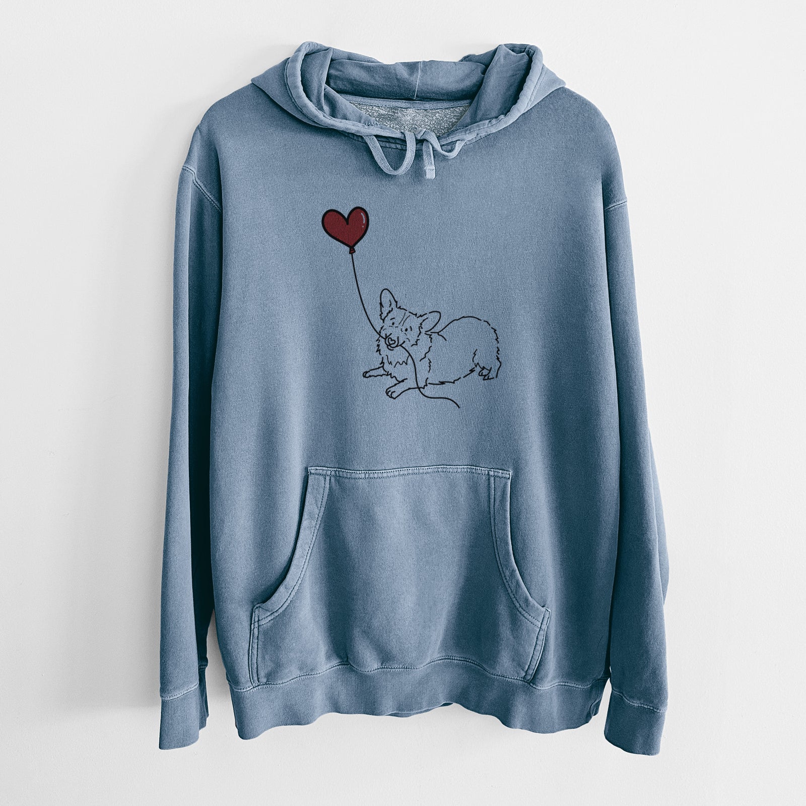 Minimalist line drawing of a Corgi Heart String holding a heart balloon on a Slate Blue Unisex pigment dyed hoodie