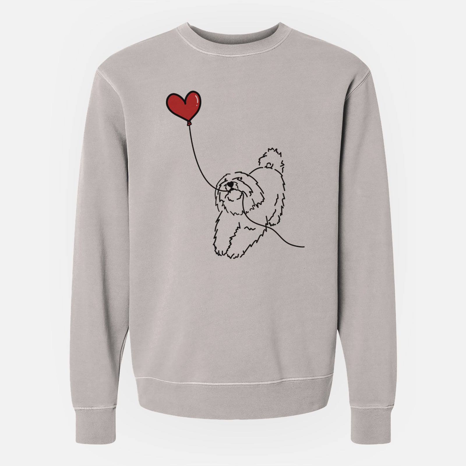 Minimalist line drawing of a Coton de Tulear Heart String holding a heart balloon on a Cement Unisex pigment dyed crew sweatshirt