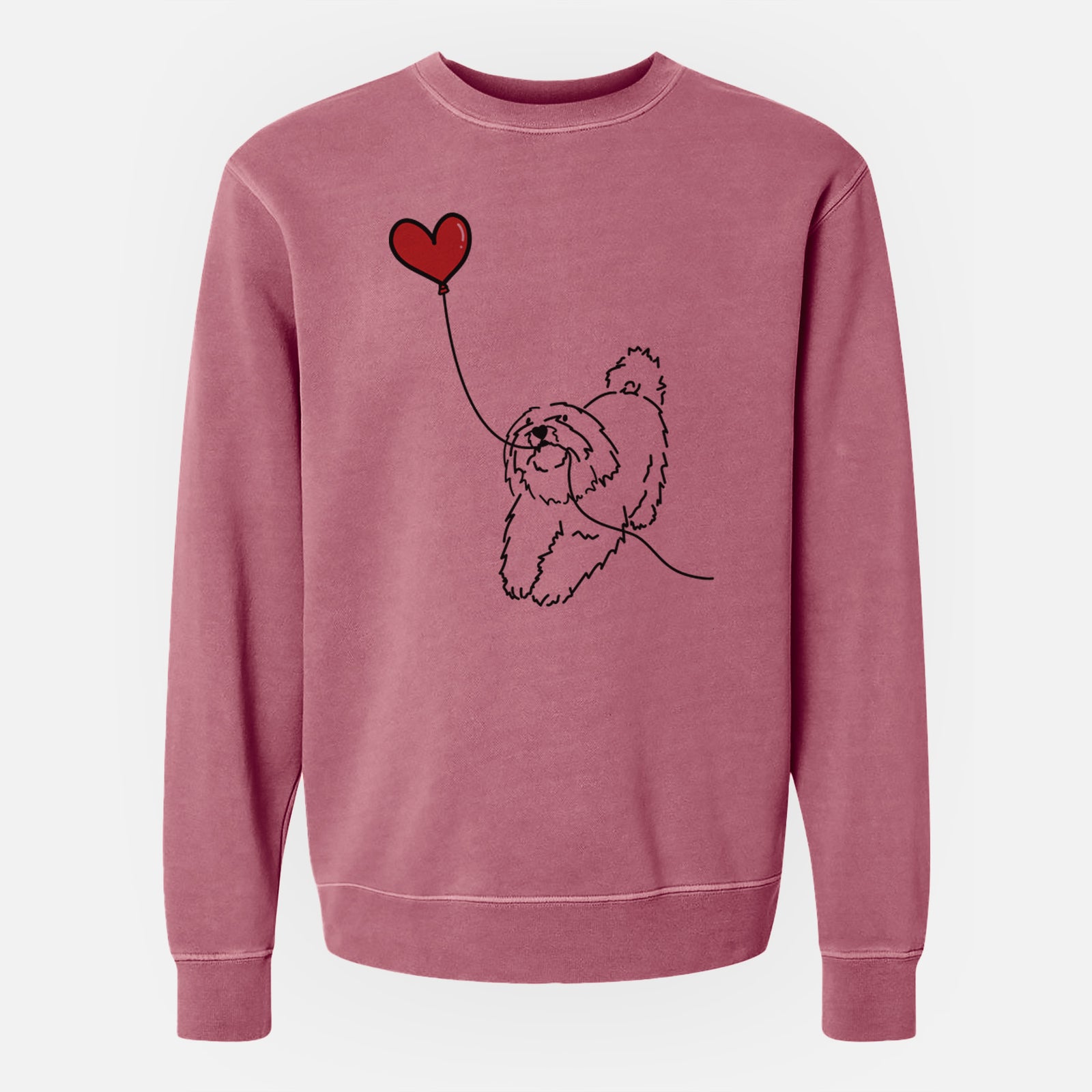 Minimalist line drawing of a Coton de Tulear Heart String holding a heart balloon on a Maroon Unisex pigment dyed crew sweatshirt