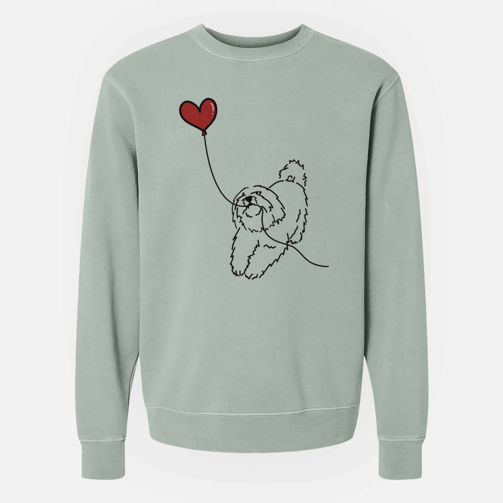 Minimalist line drawing of a Coton de Tulear Heart String holding a heart balloon on a Sage Unisex pigment dyed crew sweatshirt