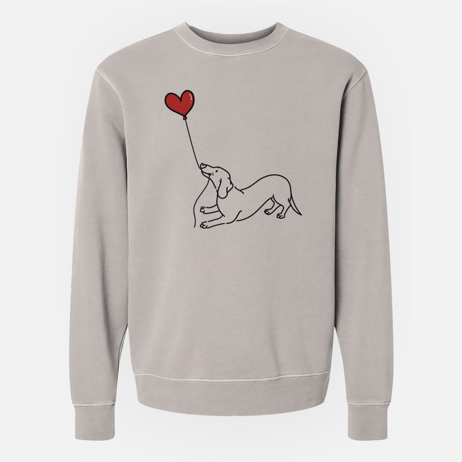 Minimalist line drawing of a Dachshund Heart String holding a heart balloon on a Cement Unisex pigment dyed crew sweatshirt