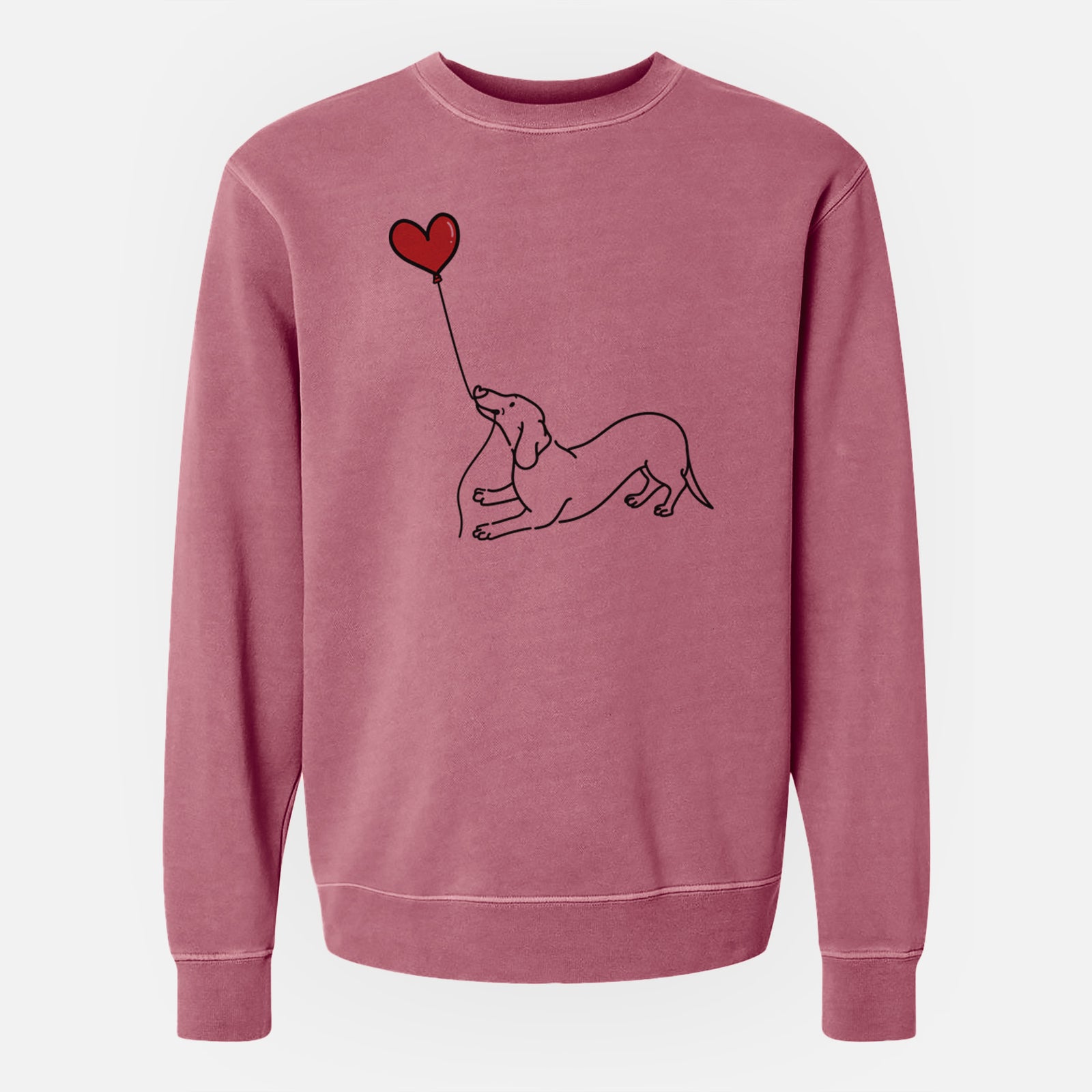 Minimalist line drawing of a Dachshund Heart String holding a heart balloon on a Maroon Unisex pigment dyed crew sweatshirt