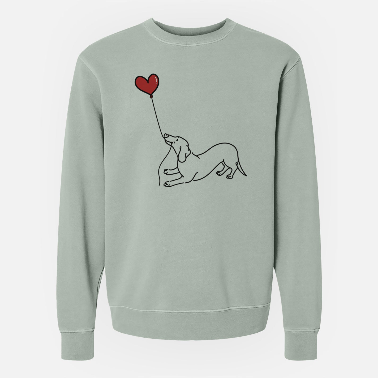 Minimalist line drawing of a Dachshund Heart String holding a heart balloon on a Sage Unisex pigment dyed crew sweatshirt