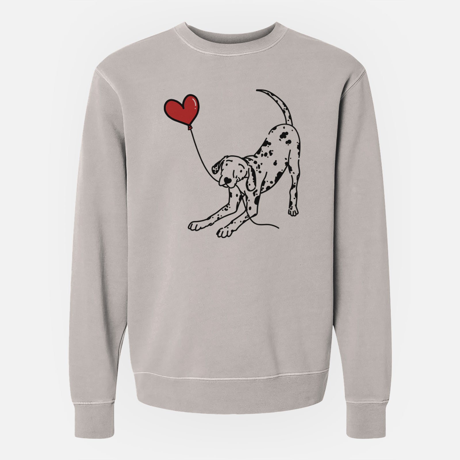 Minimalist line drawing of a Dalmatian Heart String holding a heart balloon on a Cement Unisex pigment dyed crew sweatshirt