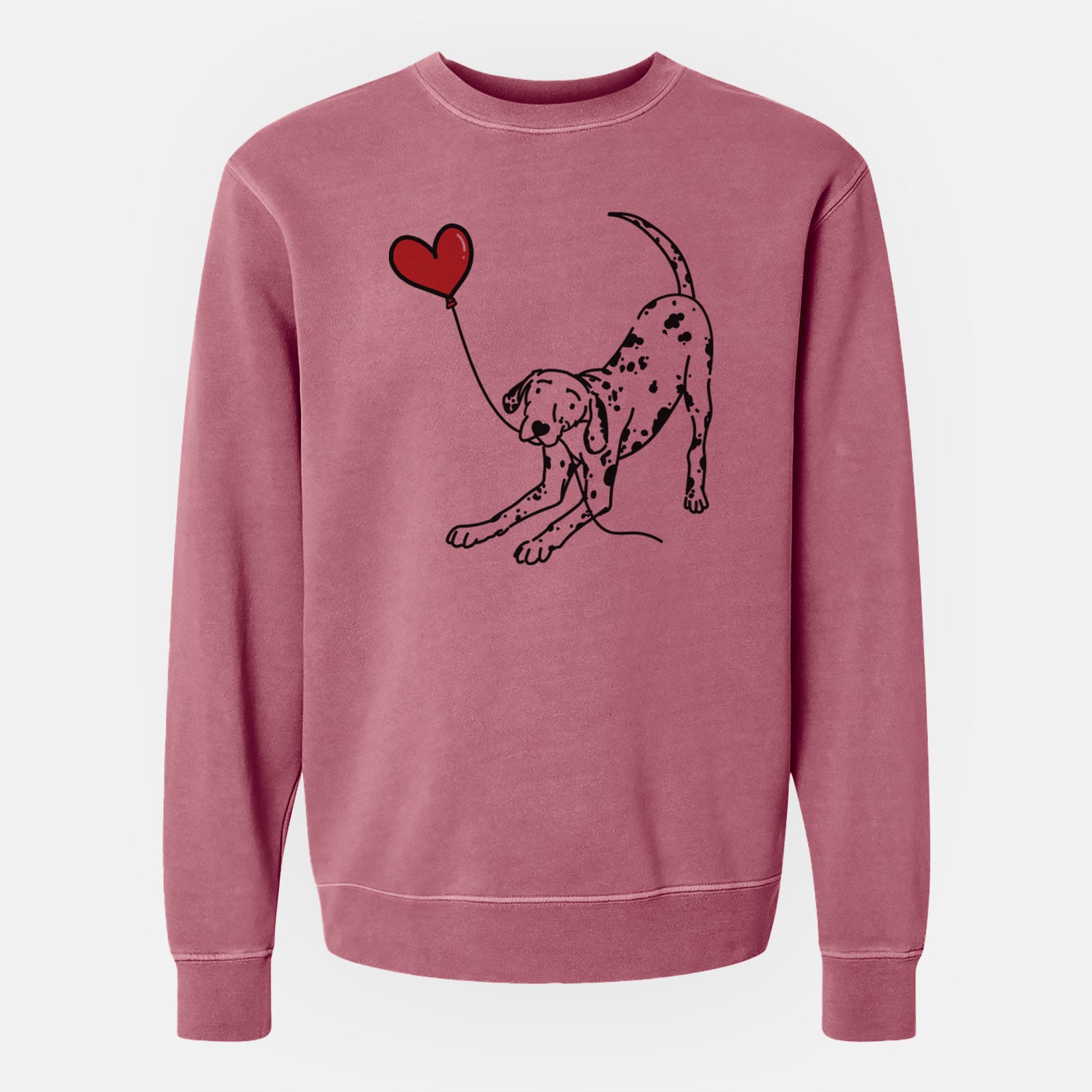 Minimalist line drawing of a Dalmatian Heart String holding a heart balloon on a Maroon Unisex pigment dyed crew sweatshirt