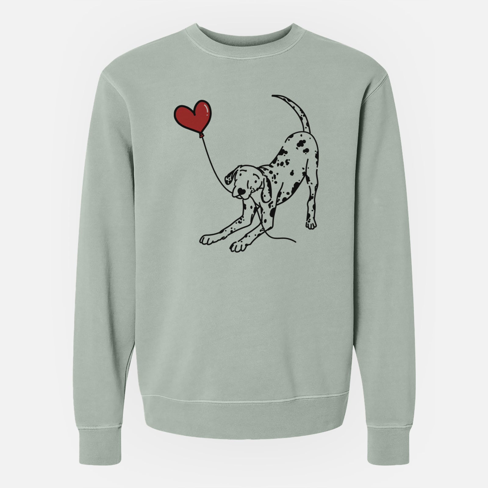 Minimalist line drawing of a Dalmatian Heart String holding a heart balloon on a Sage Unisex pigment dyed crew sweatshirt