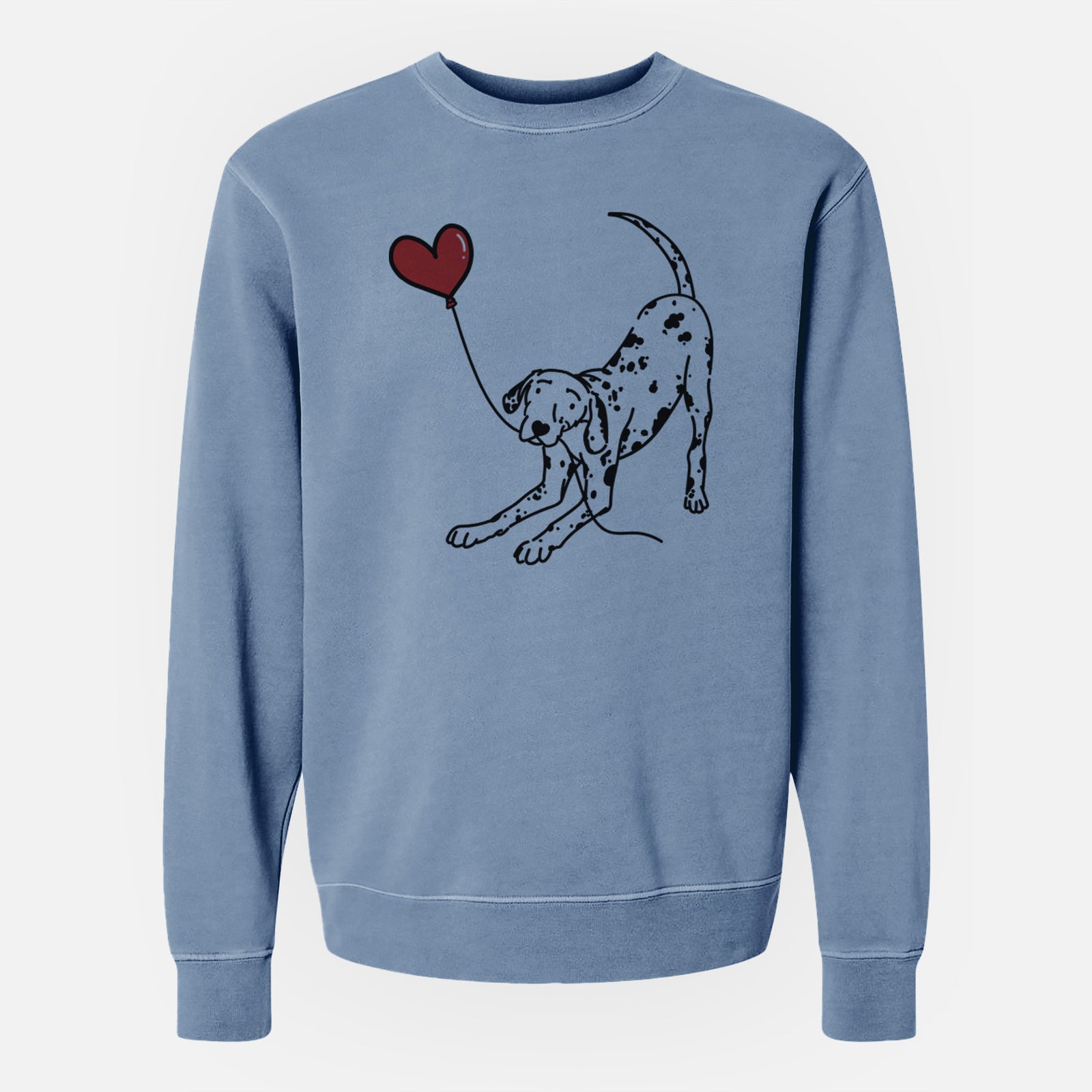 Minimalist line drawing of a Dalmatian Heart String holding a heart balloon on a Slate Blue Unisex pigment dyed crew sweatshirt