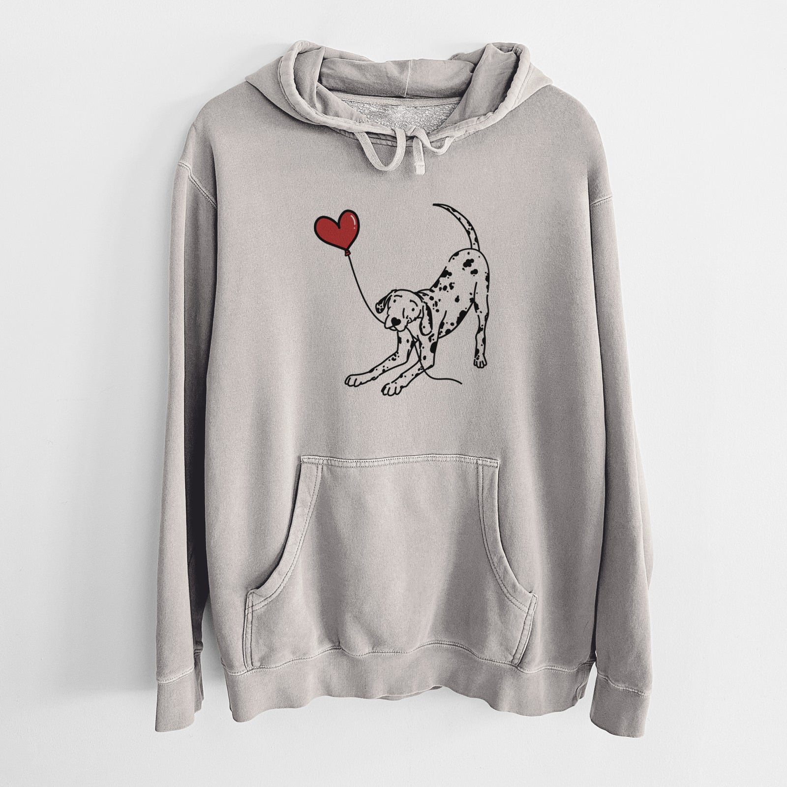 Minimalist line drawing of a Dalmatian Heart String holding a heart balloon on a Cement Unisex pigment dyed hoodie