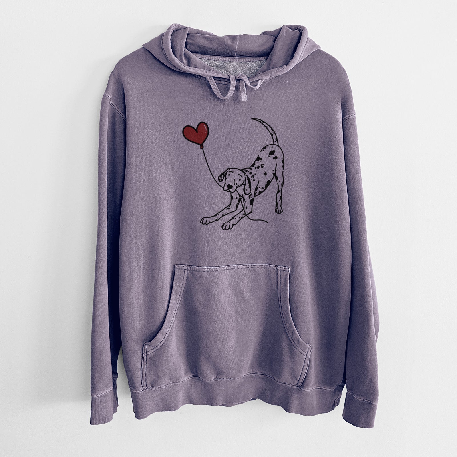 Minimalist line drawing of a Dalmatian Heart String holding a heart balloon on a Plum Unisex pigment dyed hoodie