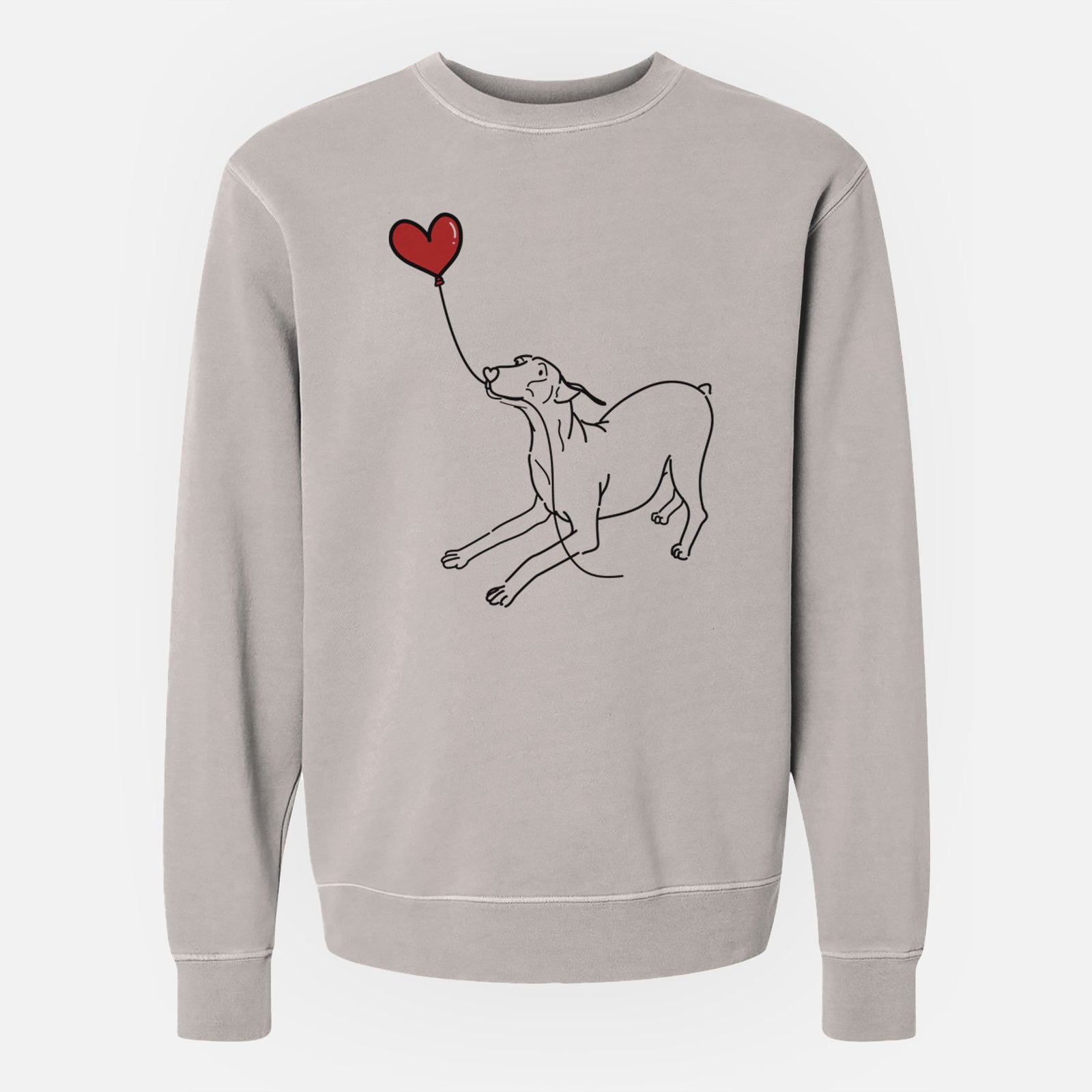 Minimalist line drawing of a Doberman Pinscher Docked Heart String holding a heart balloon on a Cement Unisex pigment dyed crew sweatshirt