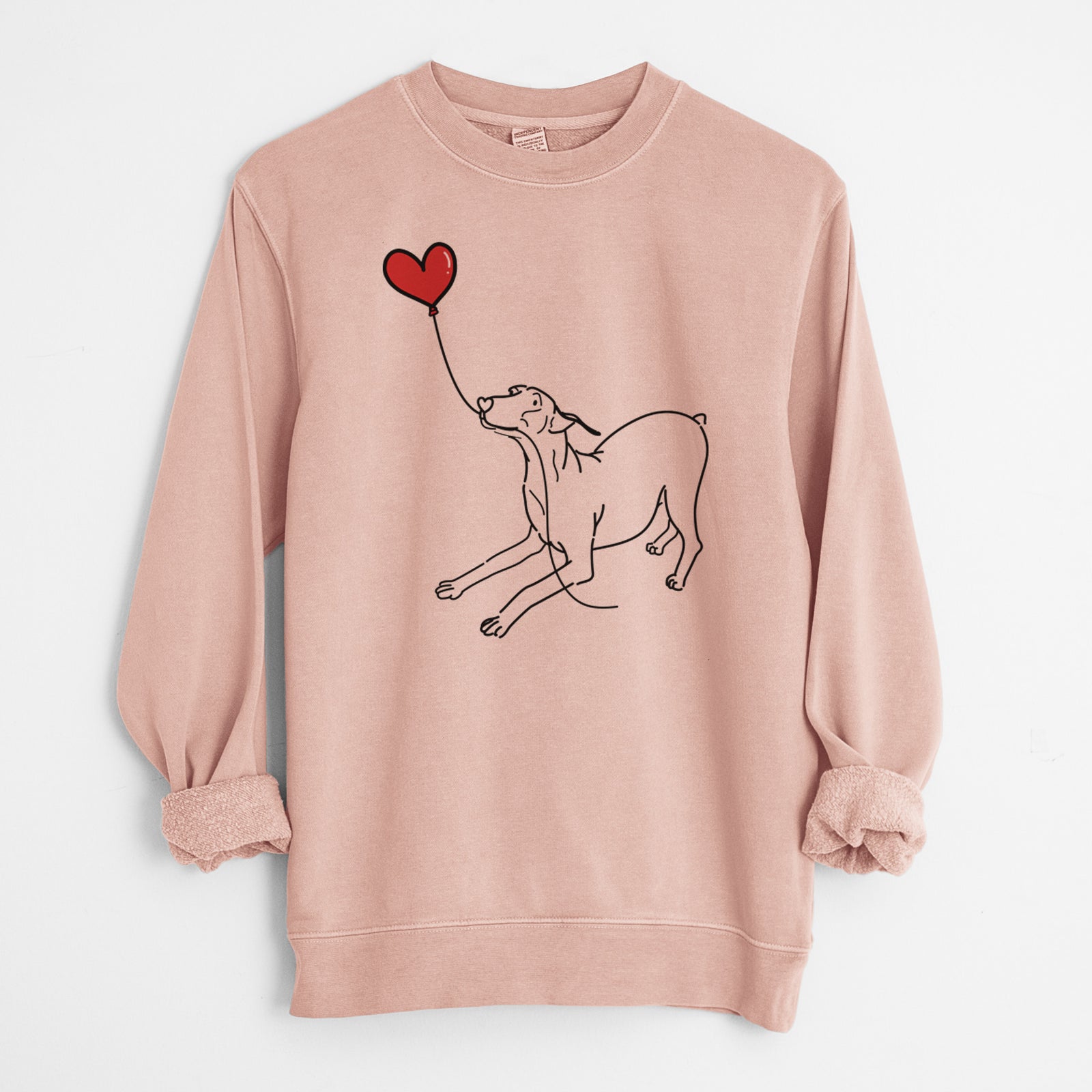 Minimalist line drawing of a Doberman Pinscher Docked Heart String holding a heart balloon on a Dusty Pink Unisex pigment dyed crew sweatshirt