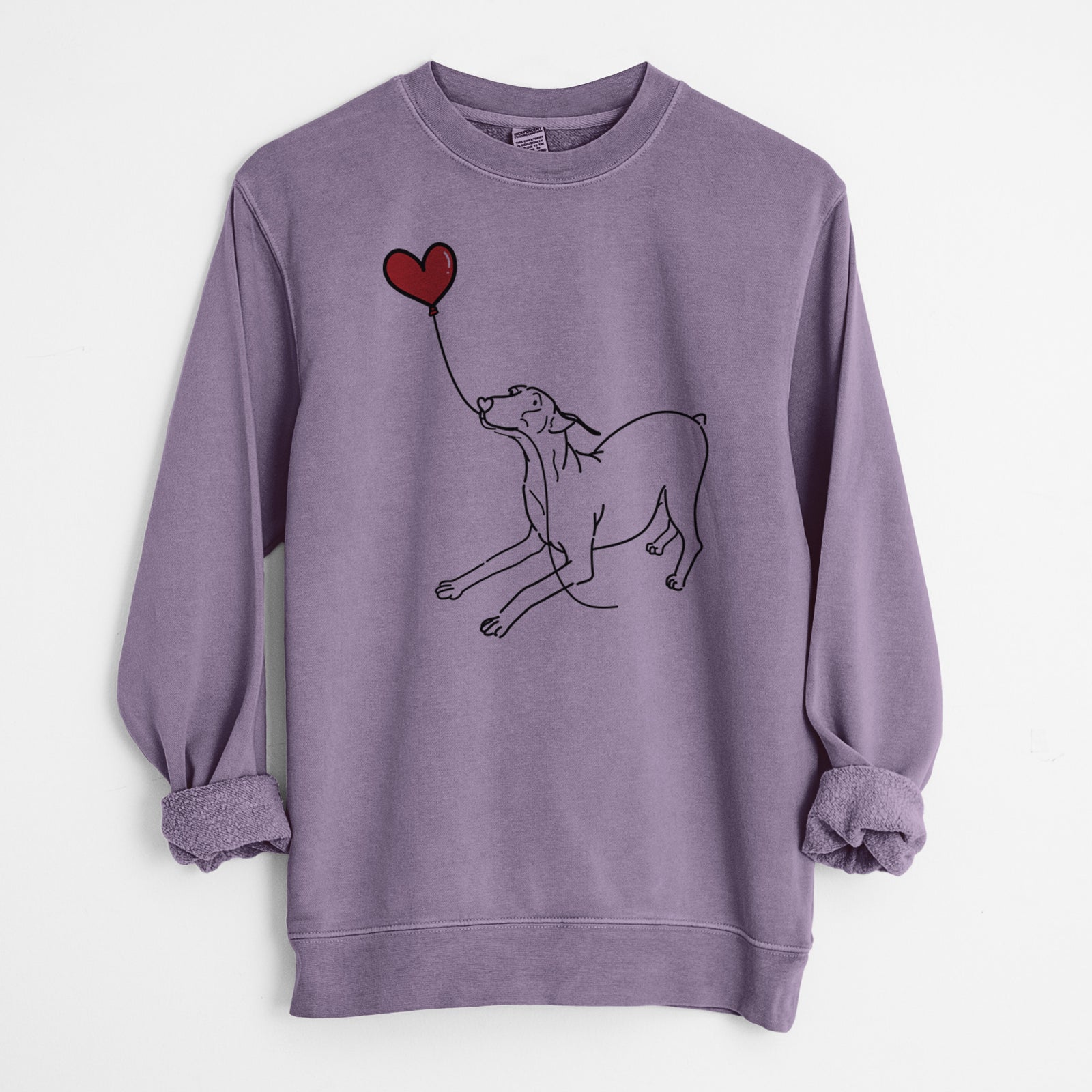 Minimalist line drawing of a Doberman Pinscher Docked Heart String holding a heart balloon on a Plum Unisex pigment dyed crew sweatshirt