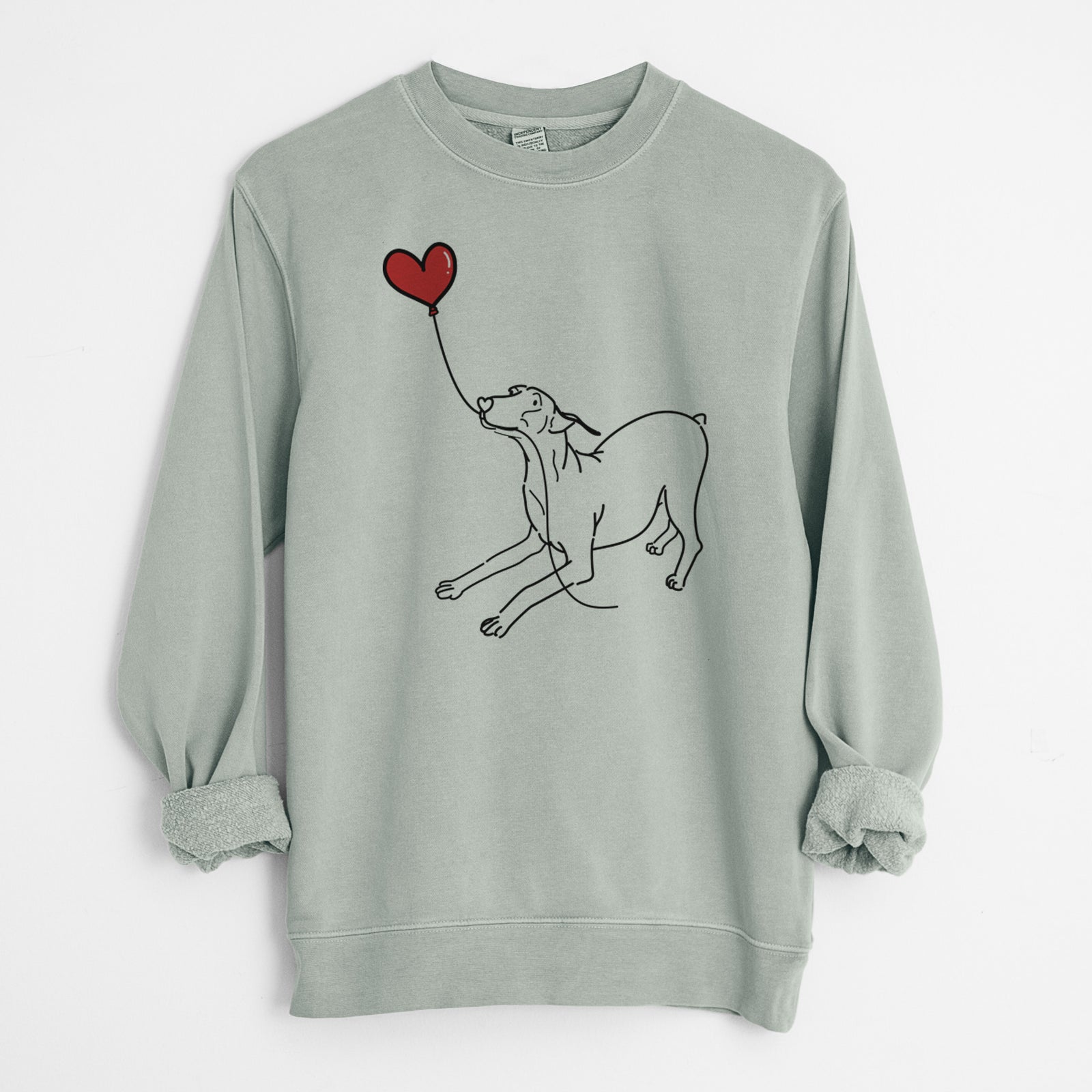 Minimalist line drawing of a Doberman Pinscher Docked Heart String holding a heart balloon on a Sage Unisex pigment dyed crew sweatshirt