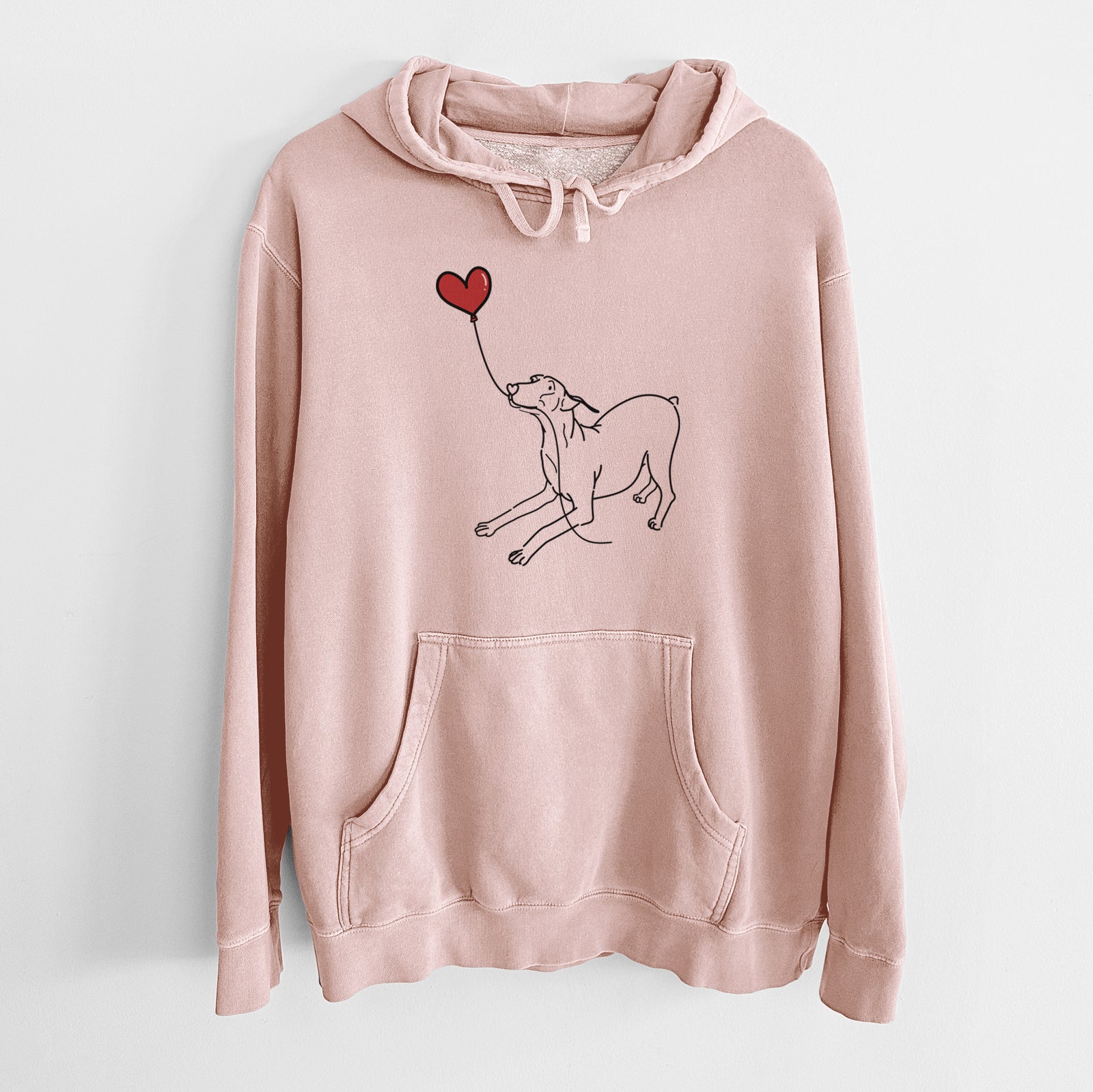 Minimalist line drawing of a Doberman Pinscher Docked Heart String holding a heart balloon on a Dusty Pink Unisex pigment dyed hoodie