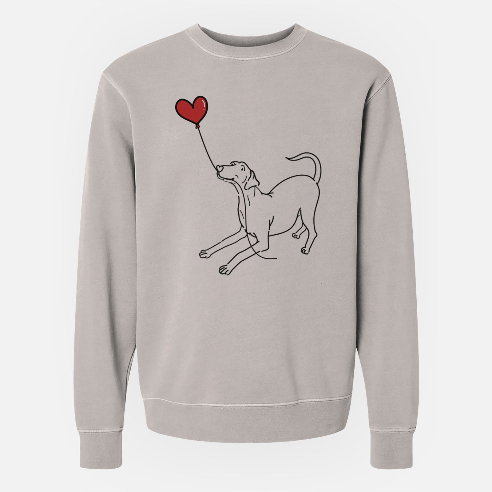 Minimalist line drawing of a Doberman Pinscher Heart String holding a heart balloon on a Cement Unisex pigment dyed crew sweatshirt
