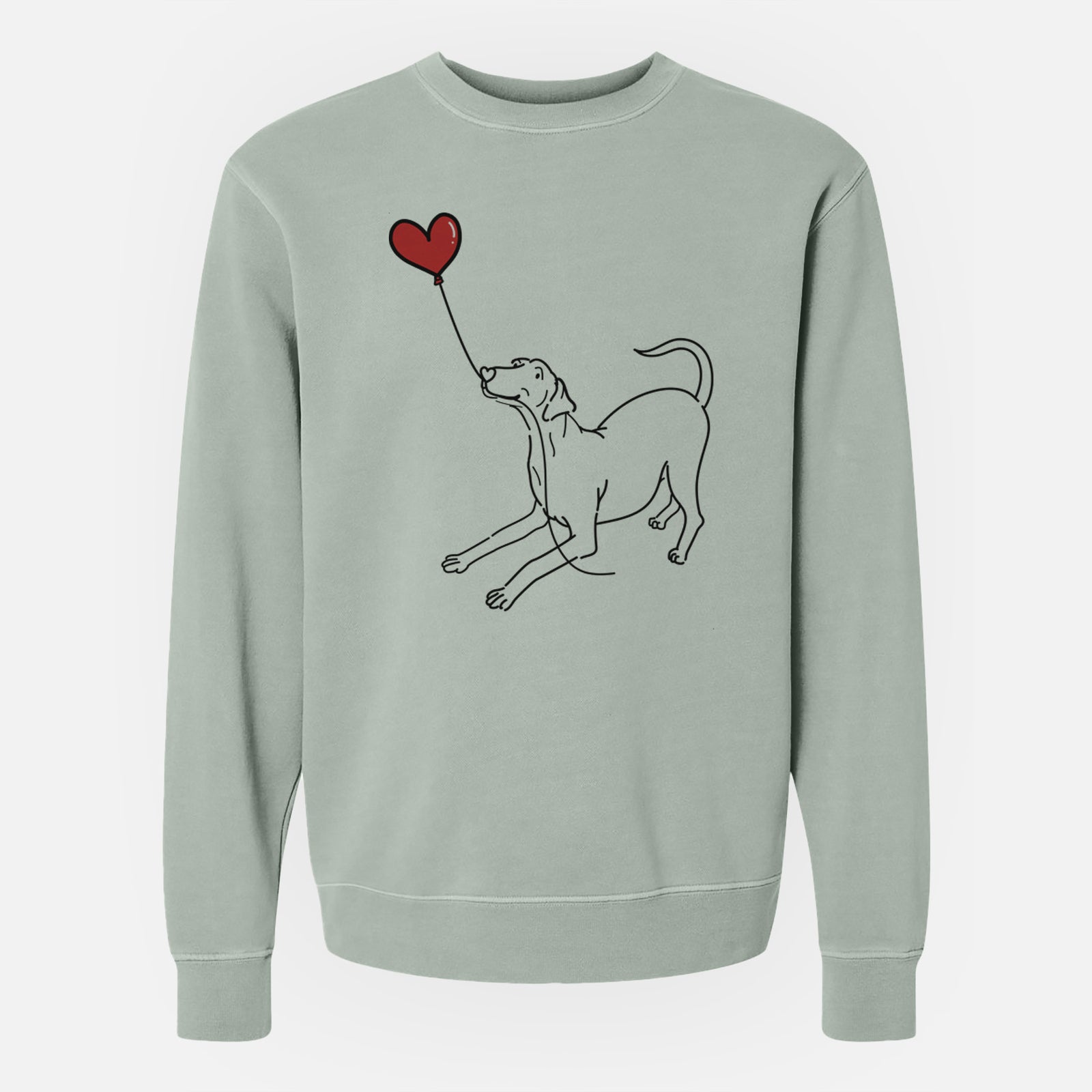Minimalist line drawing of a Doberman Pinscher Heart String holding a heart balloon on a Sage Unisex pigment dyed crew sweatshirt