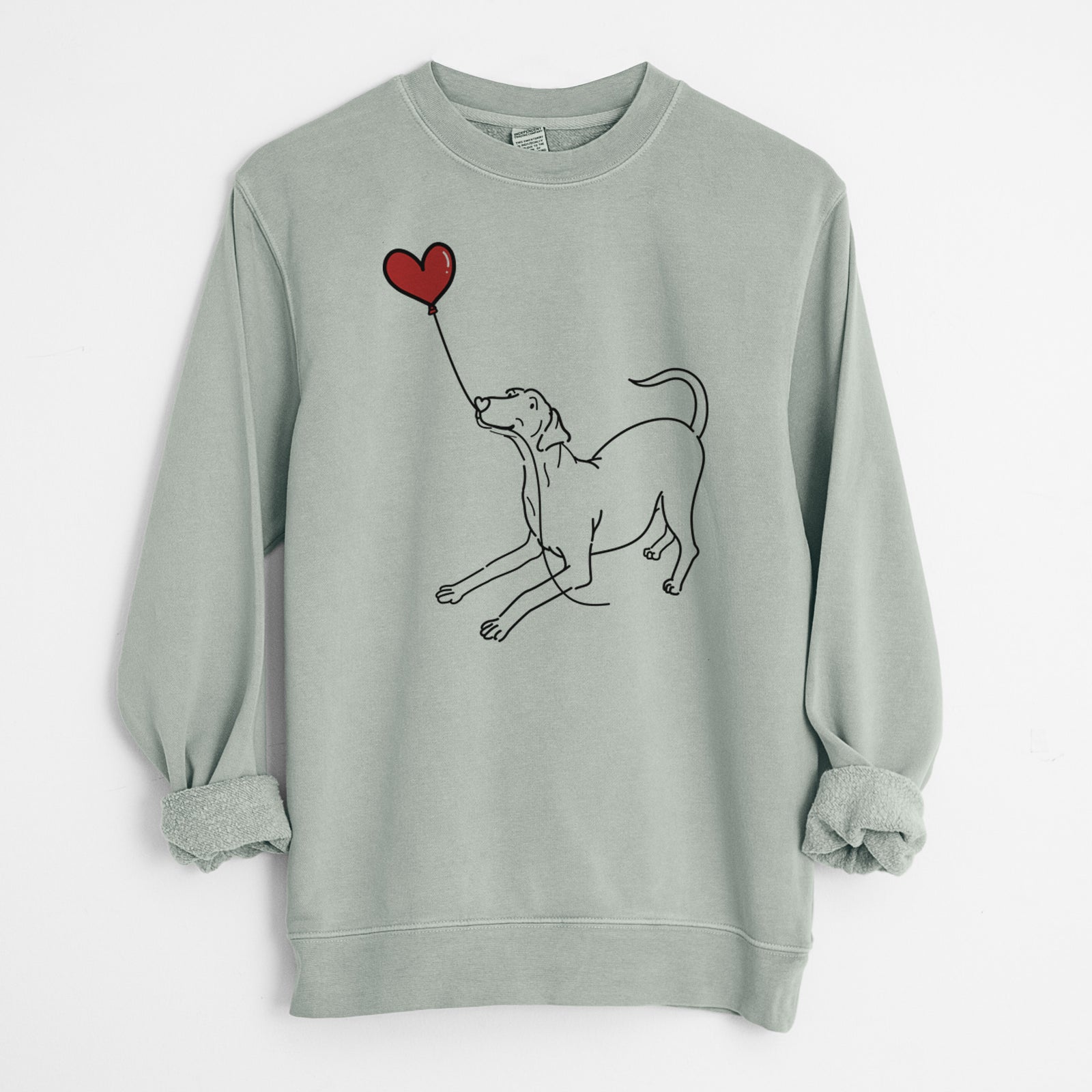Minimalist line drawing of a Doberman Pinscher Heart String holding a heart balloon on a Sage Unisex pigment dyed crew sweatshirt