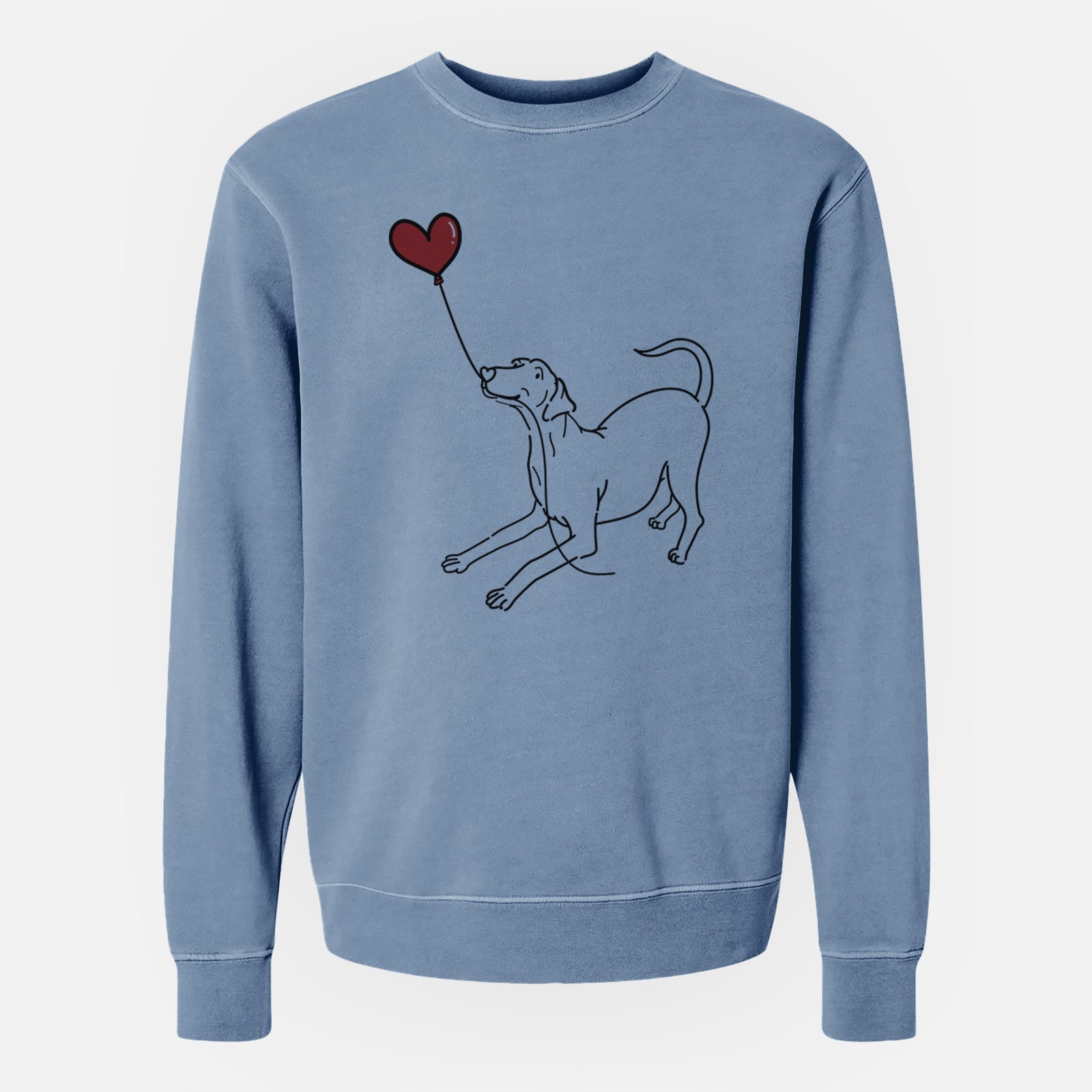 Minimalist line drawing of a Doberman Pinscher Heart String holding a heart balloon on a Slate Blue Unisex pigment dyed crew sweatshirt