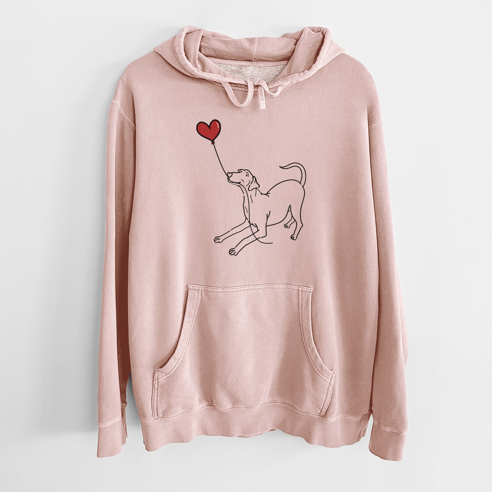 Minimalist line drawing of a Doberman Pinscher Heart String holding a heart balloon on a Dusty Pink Unisex pigment dyed hoodie