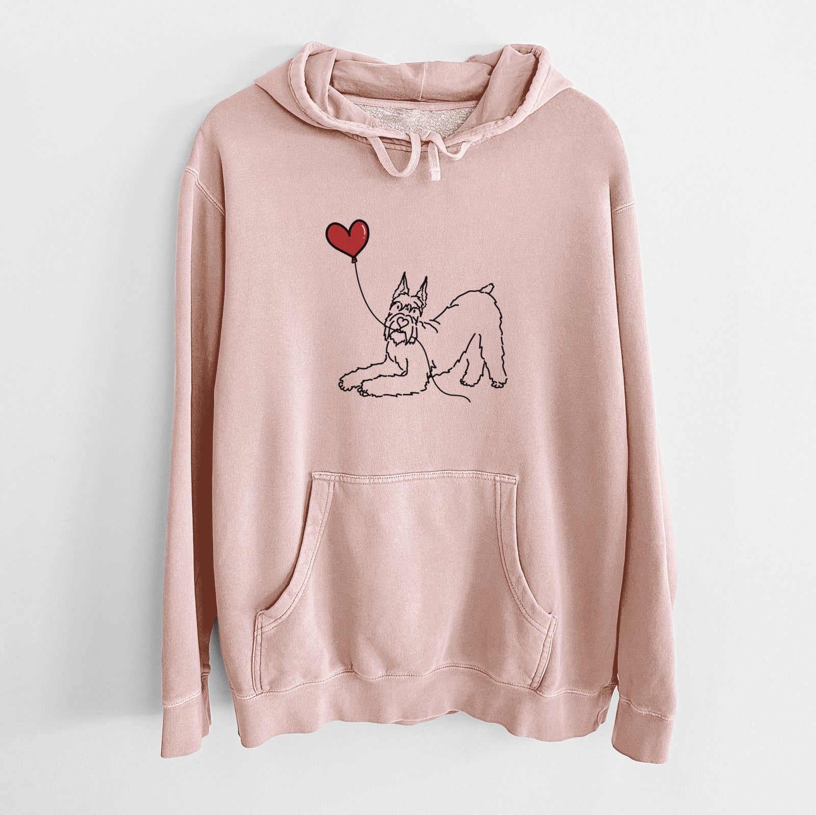 Minimalist line drawing of a Docked Giant Schnauzer Heart String holding a heart balloon on a Dusty Pink Unisex pigment dyed hoodie