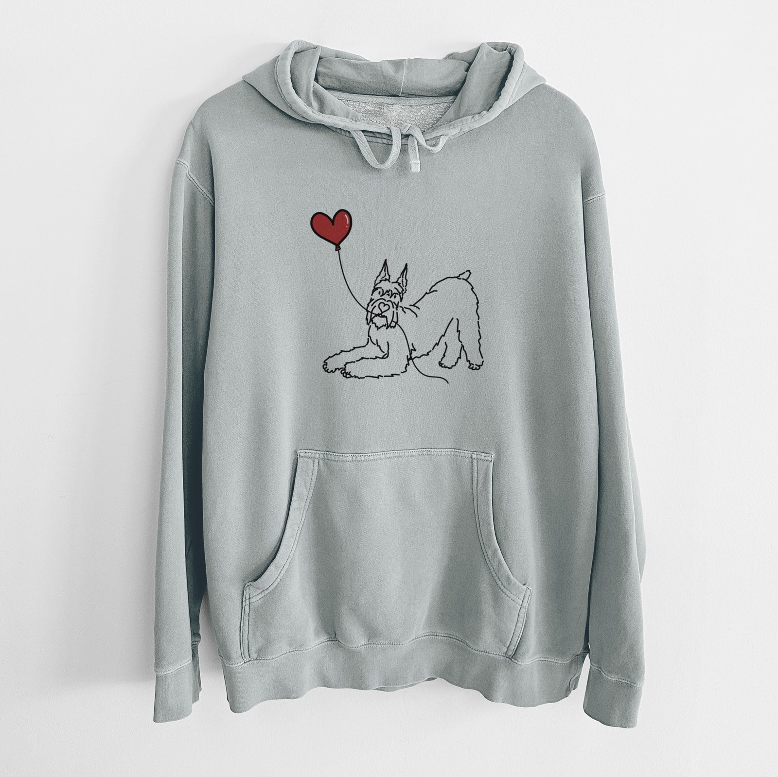 Minimalist line drawing of a Docked Giant Schnauzer Heart String holding a heart balloon on a Sage Unisex pigment dyed hoodie