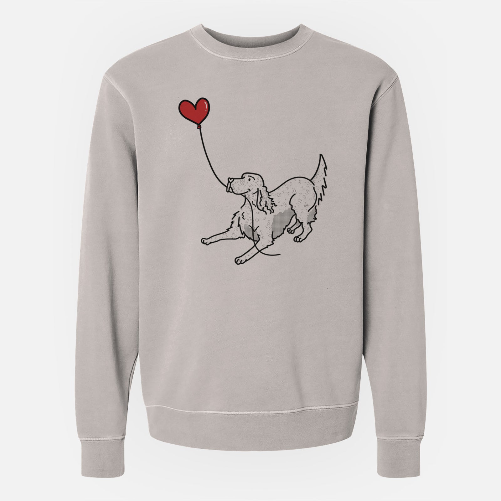 Minimalist line drawing of an English Setter Heart String holding a heart balloon on a Cement Unisex pigment dyed crew sweatshirt