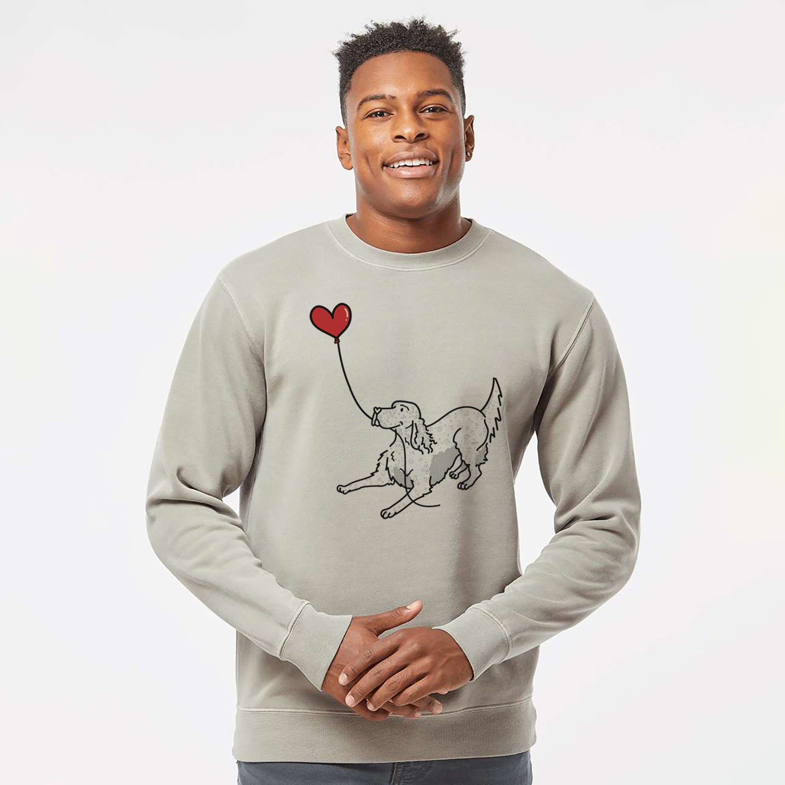 Minimalist line drawing of an English Setter Heart String holding a heart balloon on a Cement Unisex pigment dyed crew sweatshirt