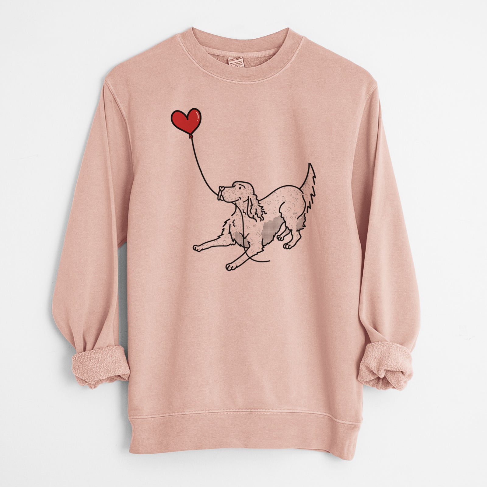 Minimalist line drawing of an English Setter Heart String holding a heart balloon on a Dusty Pink Unisex pigment dyed crew sweatshirt