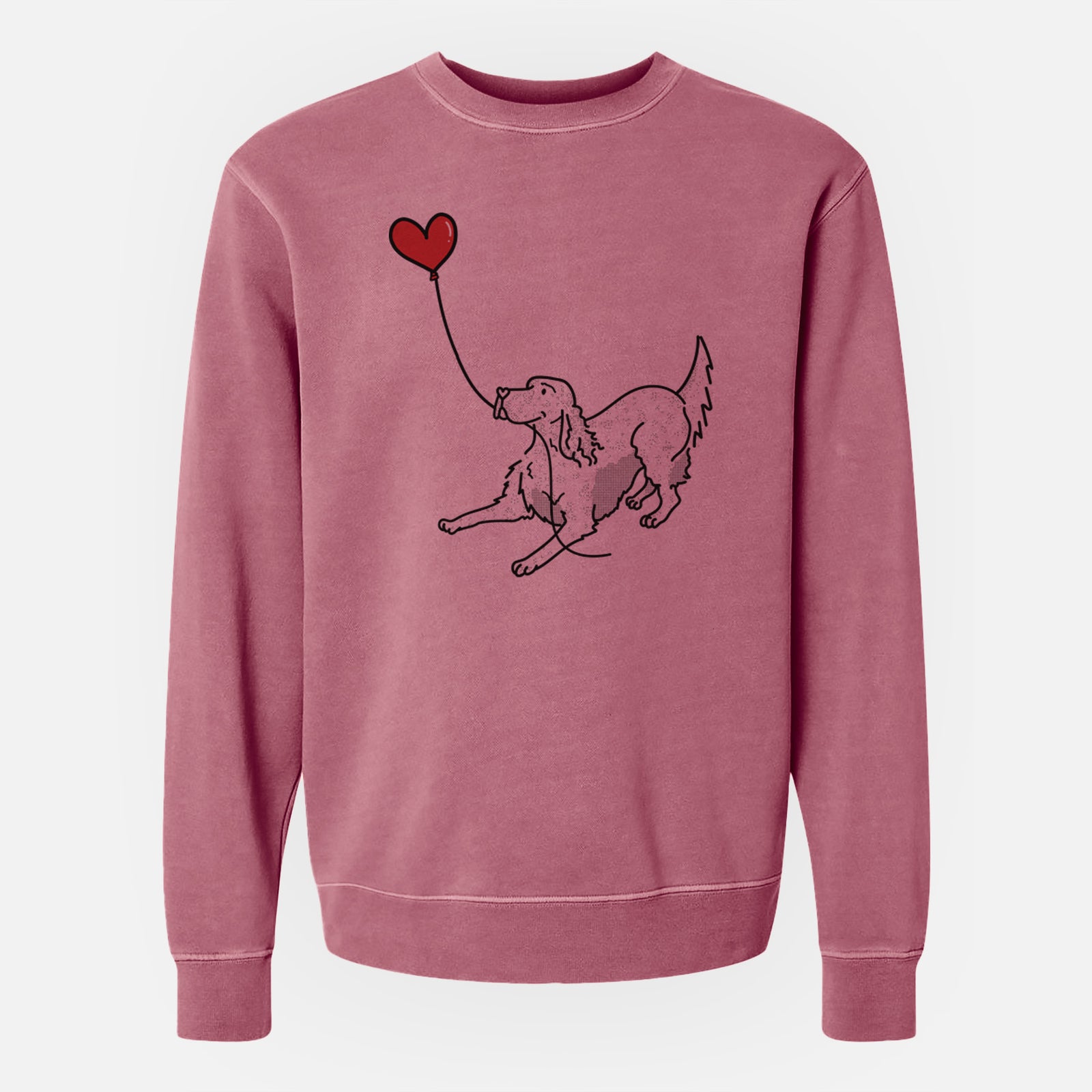 Minimalist line drawing of an English Setter Heart String holding a heart balloon on a Maroon Unisex pigment dyed crew sweatshirt