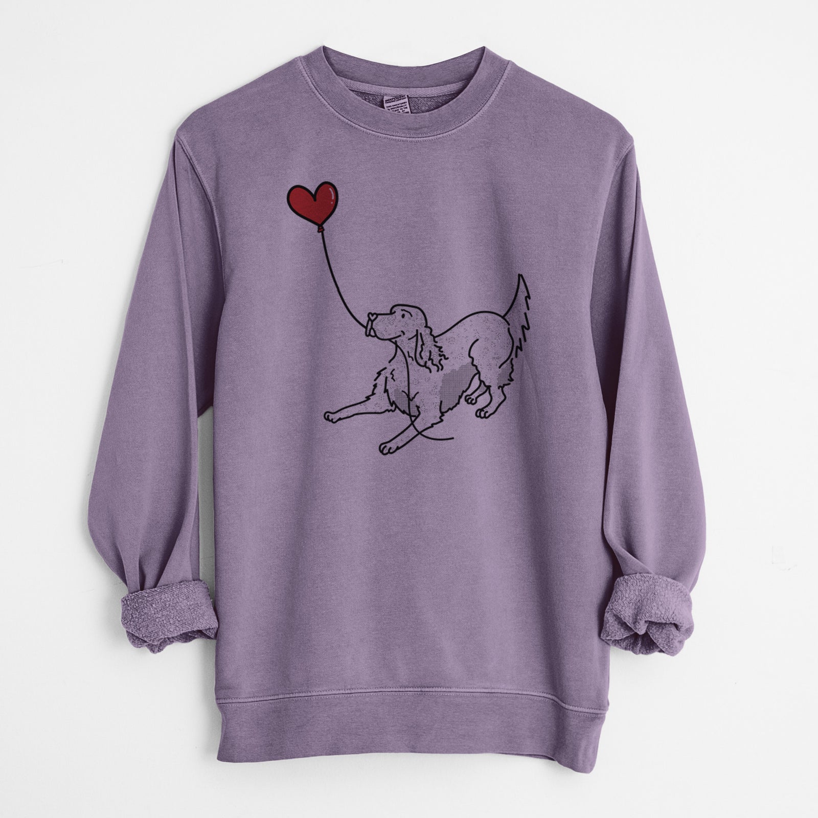 Minimalist line drawing of an English Setter Heart String holding a heart balloon on a Plum Unisex pigment dyed crew sweatshirt