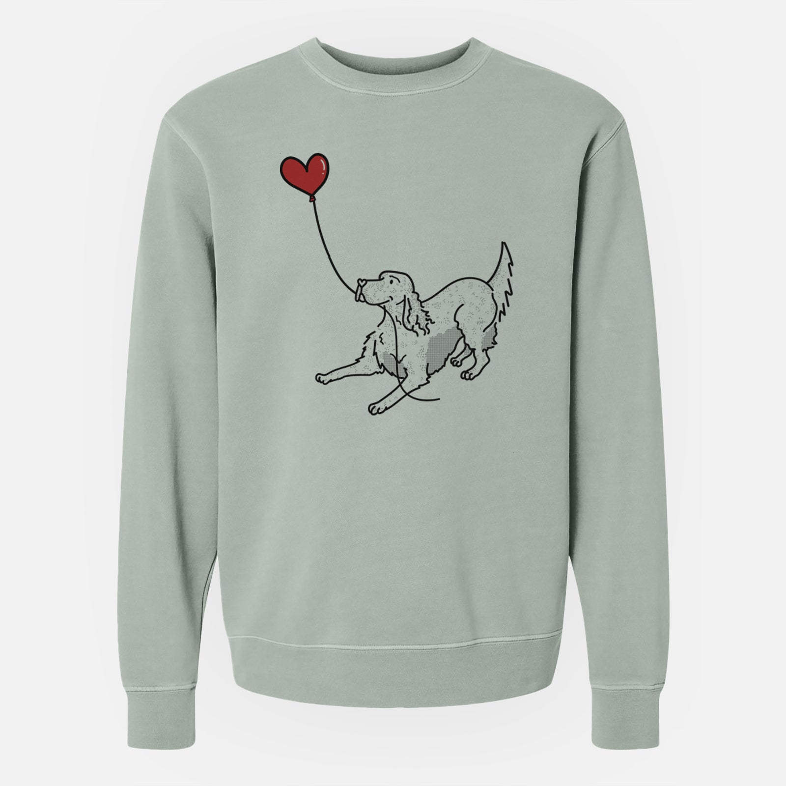 Minimalist line drawing of an English Setter Heart String holding a heart balloon on a Sage Unisex pigment dyed crew sweatshirt