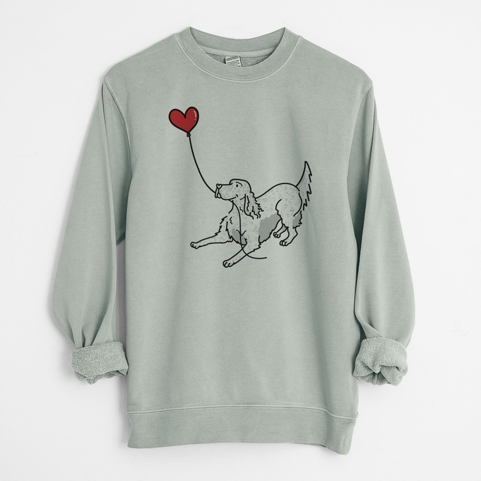 Minimalist line drawing of an English Setter Heart String holding a heart balloon on a Sage Unisex pigment dyed crew sweatshirt