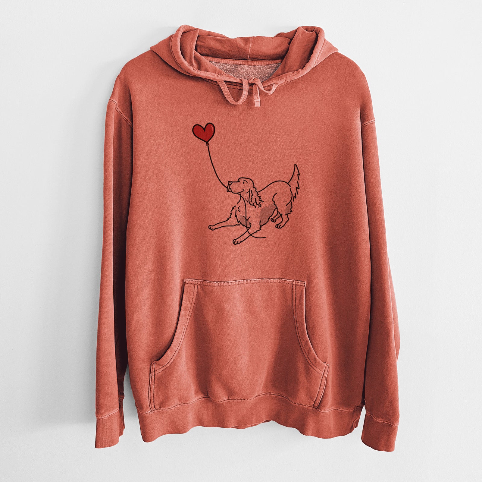 Minimalist line drawing of an English Setter Heart String holding a heart balloon on an Amber Unisex pigment dyed hoodie