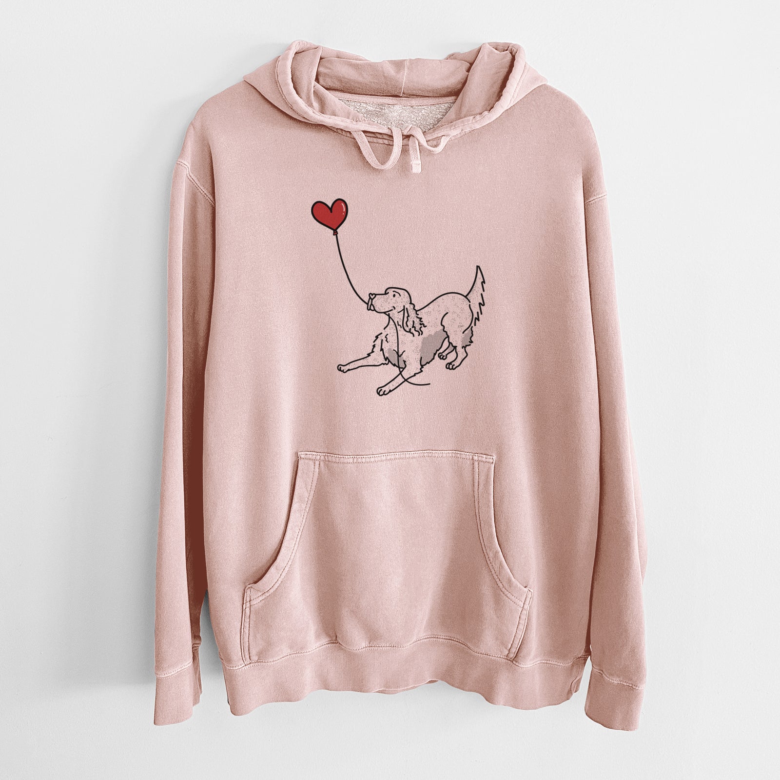 Minimalist line drawing of an English Setter Heart String holding a heart balloon on a Dusty Pink Unisex pigment dyed hoodie