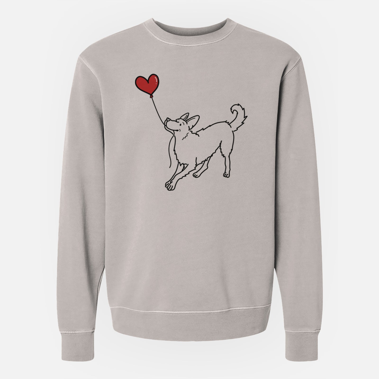 Minimalist line drawing of a German Shepherd Heart String holding a heart balloon on a Cement Unisex pigment dyed crew sweatshirt