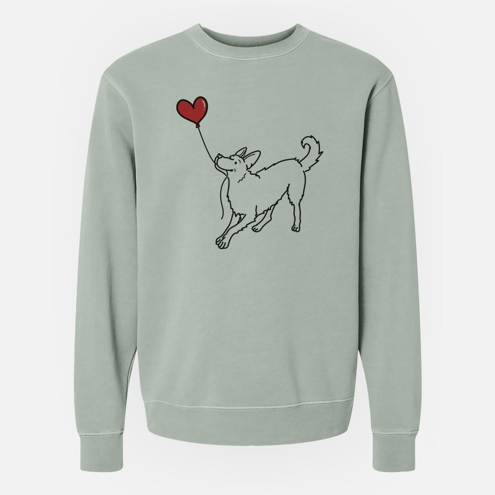 Minimalist line drawing of a German Shepherd Heart String holding a heart balloon on a Sage Unisex pigment dyed crew sweatshirt