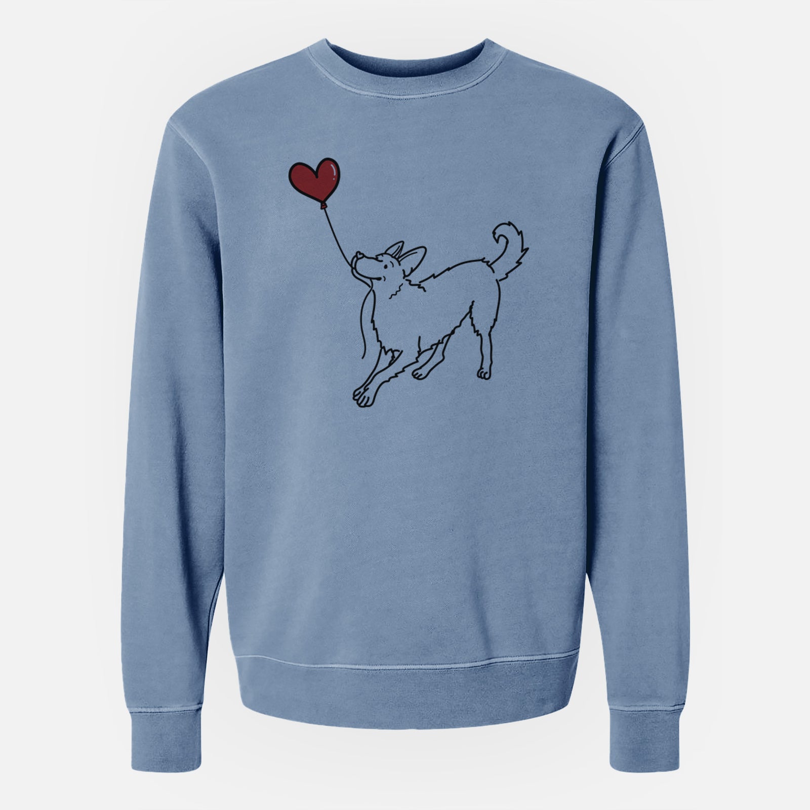 Minimalist line drawing of a German Shepherd Heart String holding a heart balloon on a Slate Blue Unisex pigment dyed crew sweatshirt