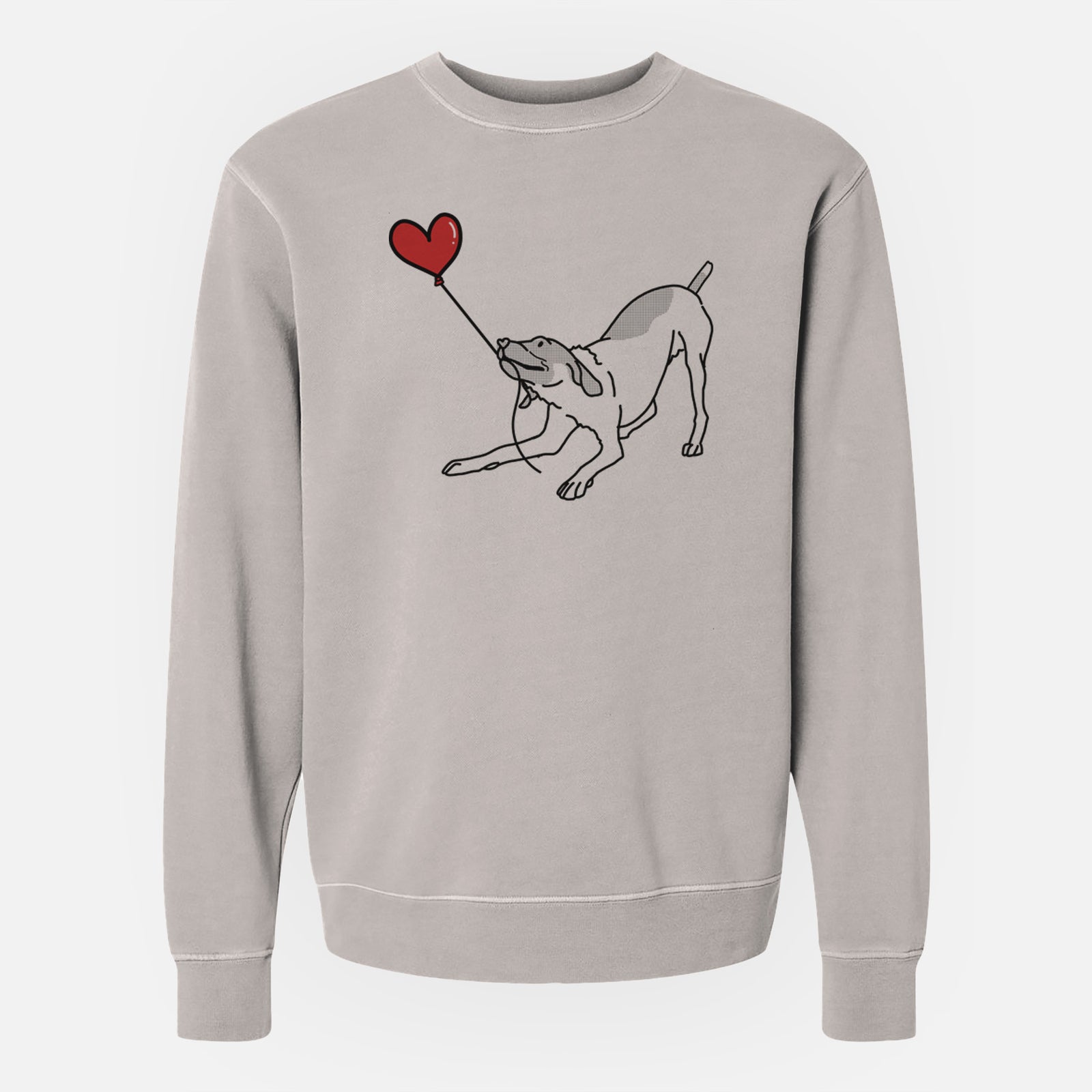 Minimalist line drawing of a German Shorthaired Pointer Heart String holding a heart balloon on a Cement Unisex pigment dyed crew sweatshirt