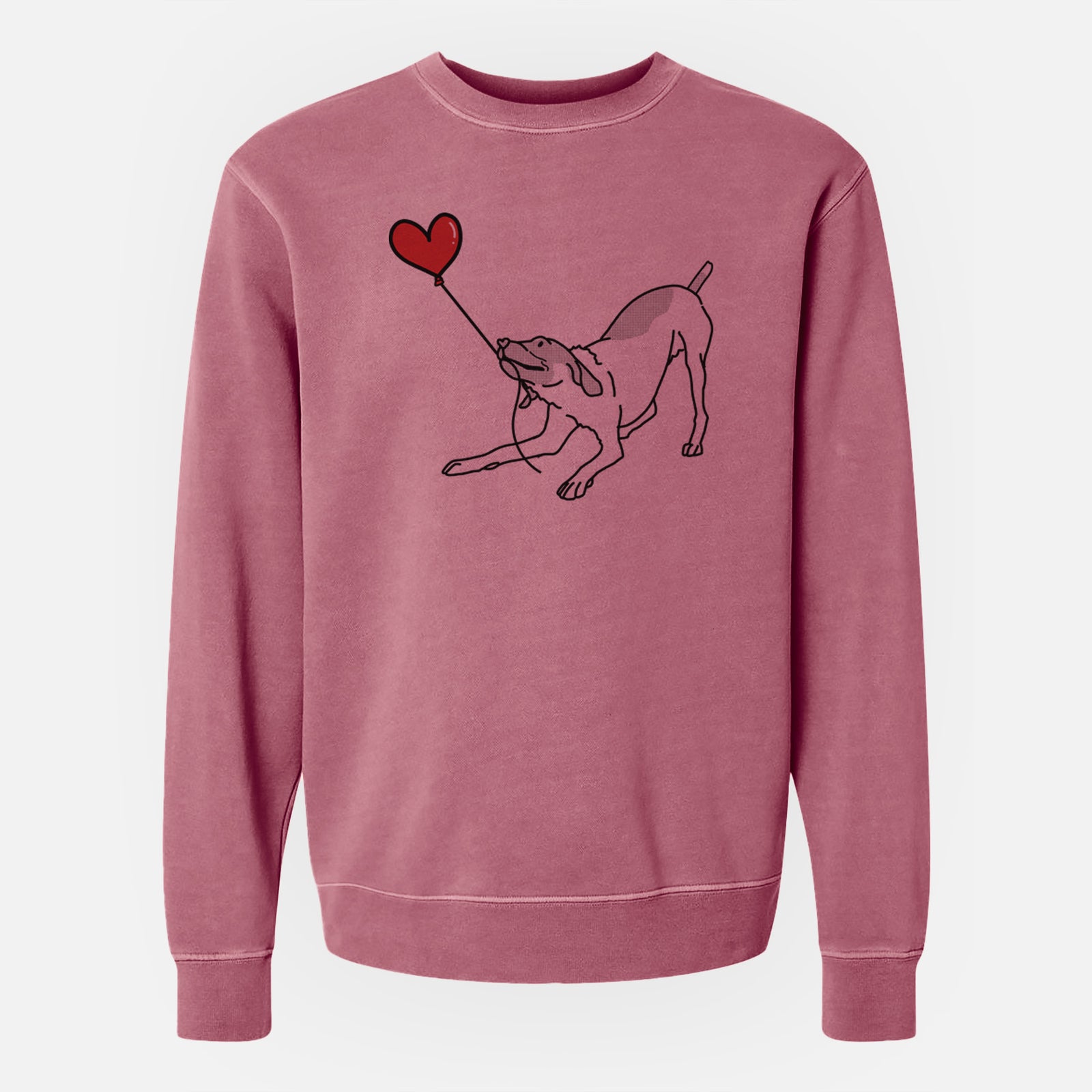 Minimalist line drawing of a German Shorthaired Pointer Heart String holding a heart balloon on a Maroon Unisex pigment dyed crew sweatshirt