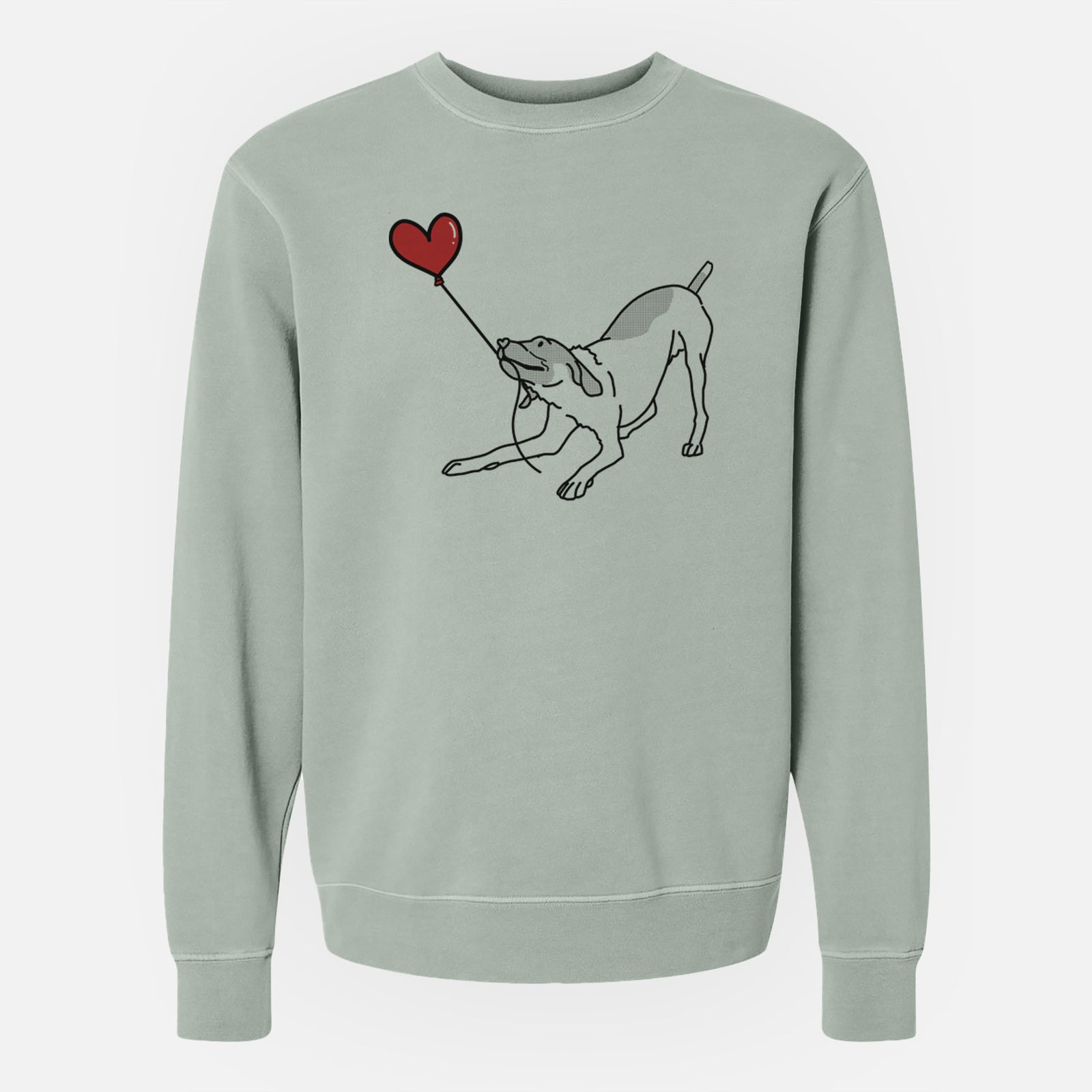 Minimalist line drawing of a German Shorthaired Pointer Heart String holding a heart balloon on a Sage Unisex pigment dyed crew sweatshirt
