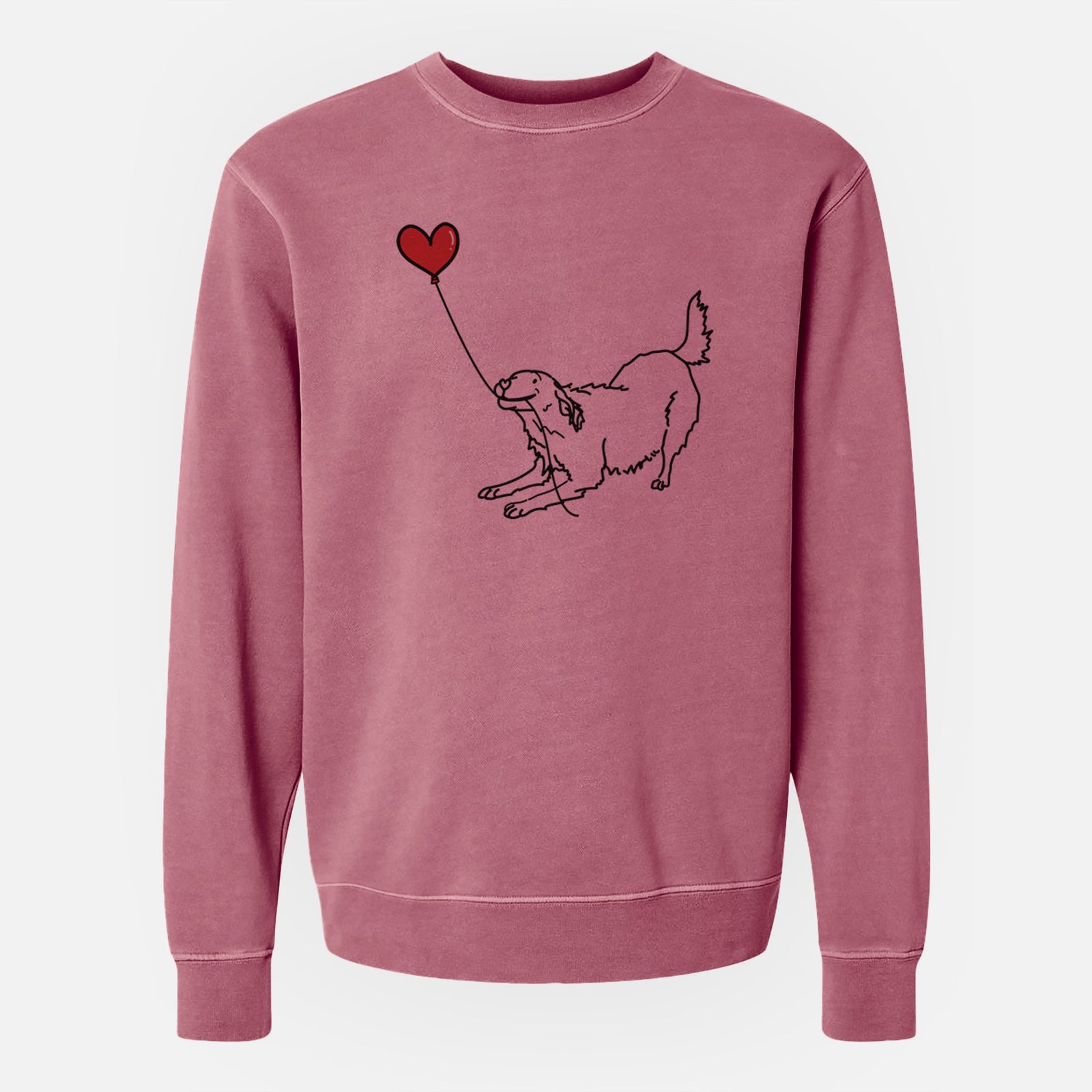 Minimalist line drawing of a Golden Retriever Heart String holding a heart balloon on a Maroon Unisex pigment dyed crew sweatshirt