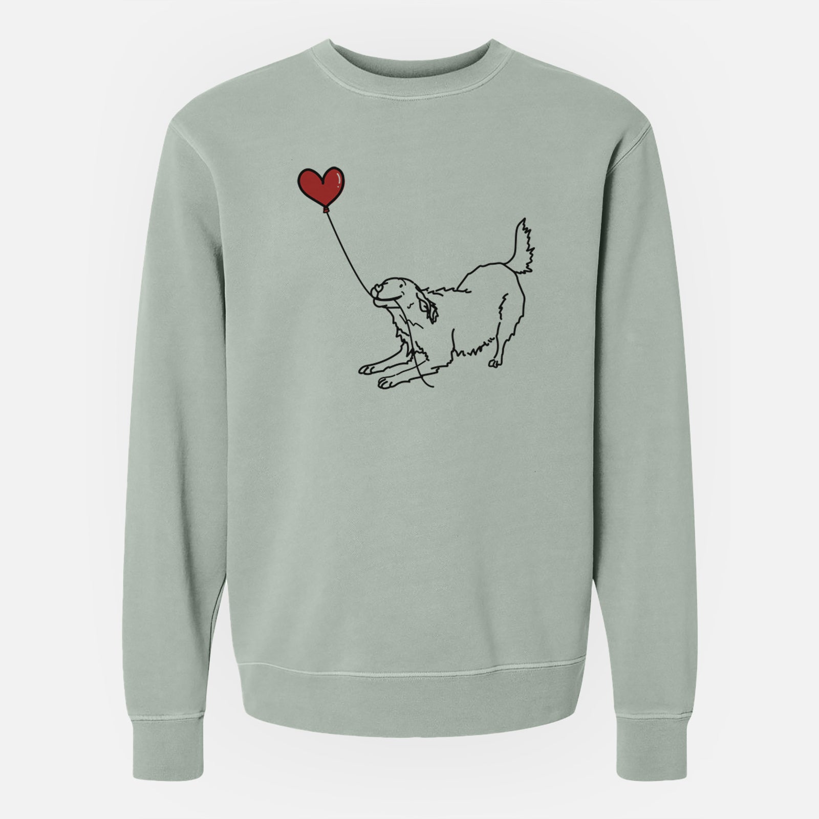 Minimalist line drawing of a Golden Retriever Heart String holding a heart balloon on a Sage Unisex pigment dyed crew sweatshirt