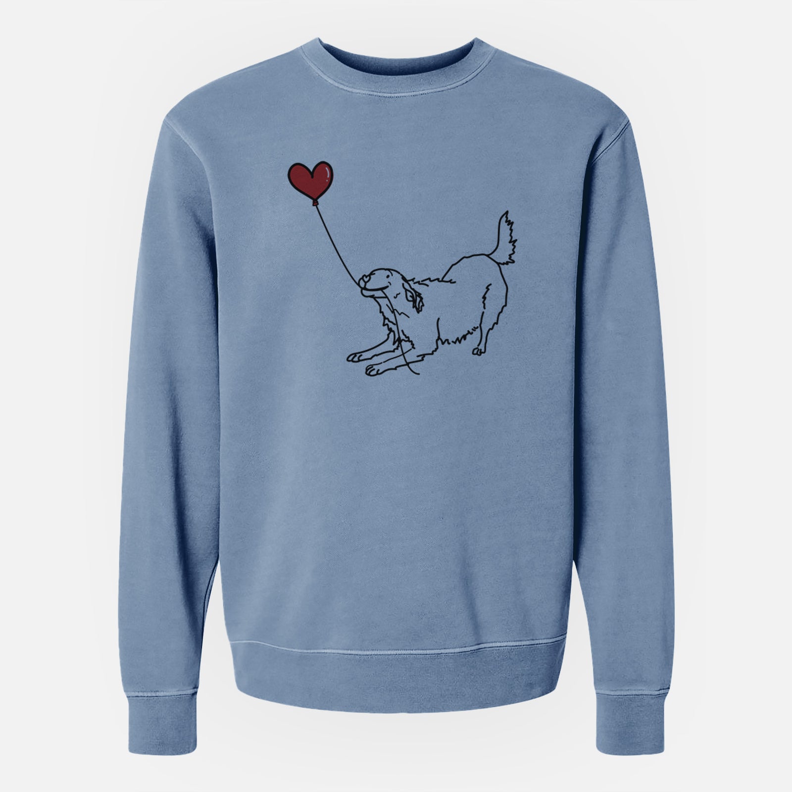 Minimalist line drawing of a Golden Retriever Heart String holding a heart balloon on a Slate Blue Unisex pigment dyed crew sweatshirt