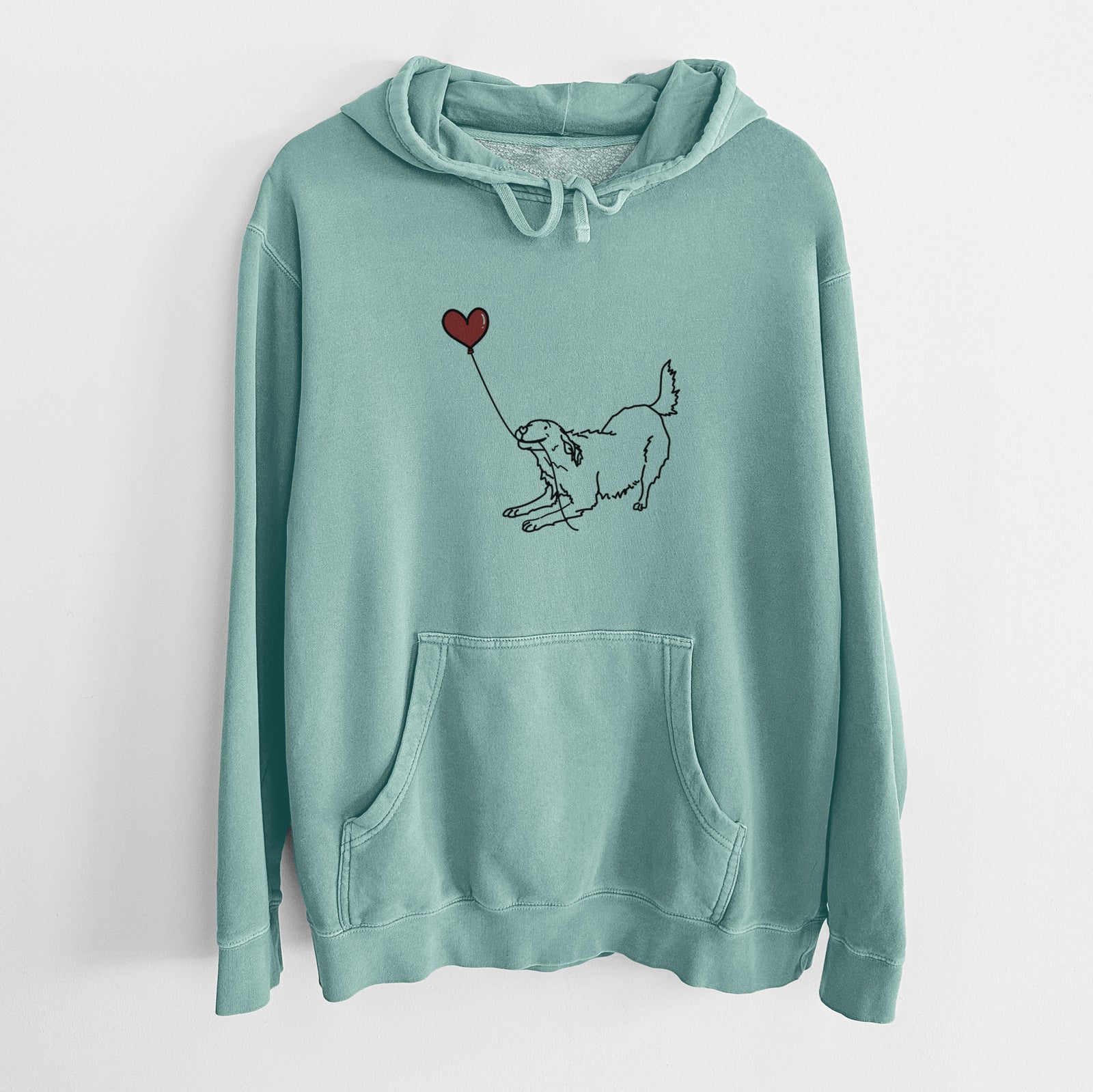 Minimalist line drawing of a Golden Retriever Heart String holding a heart balloon on a Mint Unisex pigment dyed hoodie
