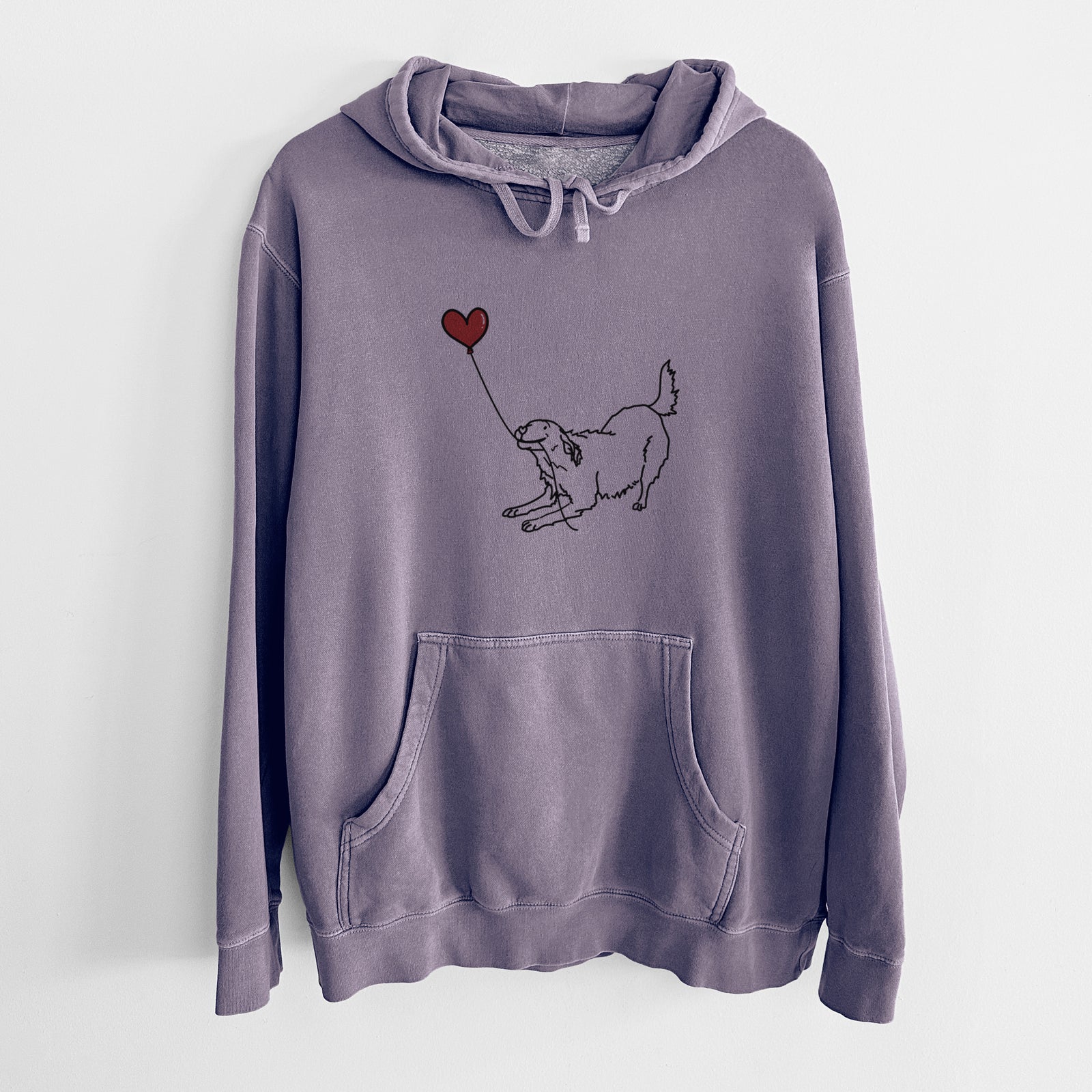 Minimalist line drawing of a Golden Retriever Heart String holding a heart balloon on a Plum Unisex pigment dyed hoodie