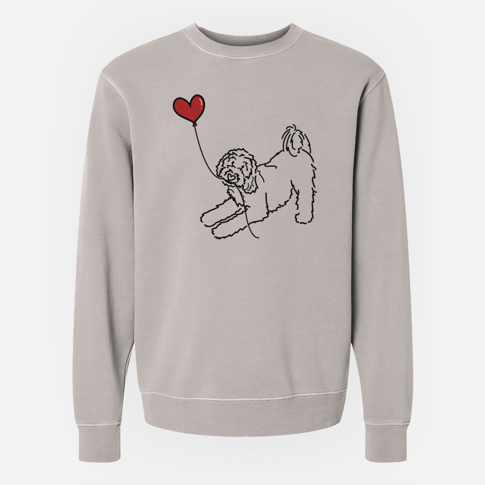 Minimalist line drawing of a Goldendoodle Heart String holding a heart balloon on a Cement Unisex pigment dyed crew sweatshirt