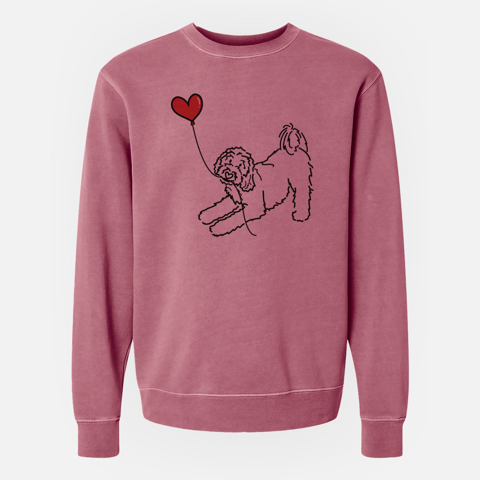 Minimalist line drawing of a Goldendoodle Heart String holding a heart balloon on a Maroon Unisex pigment dyed crew sweatshirt