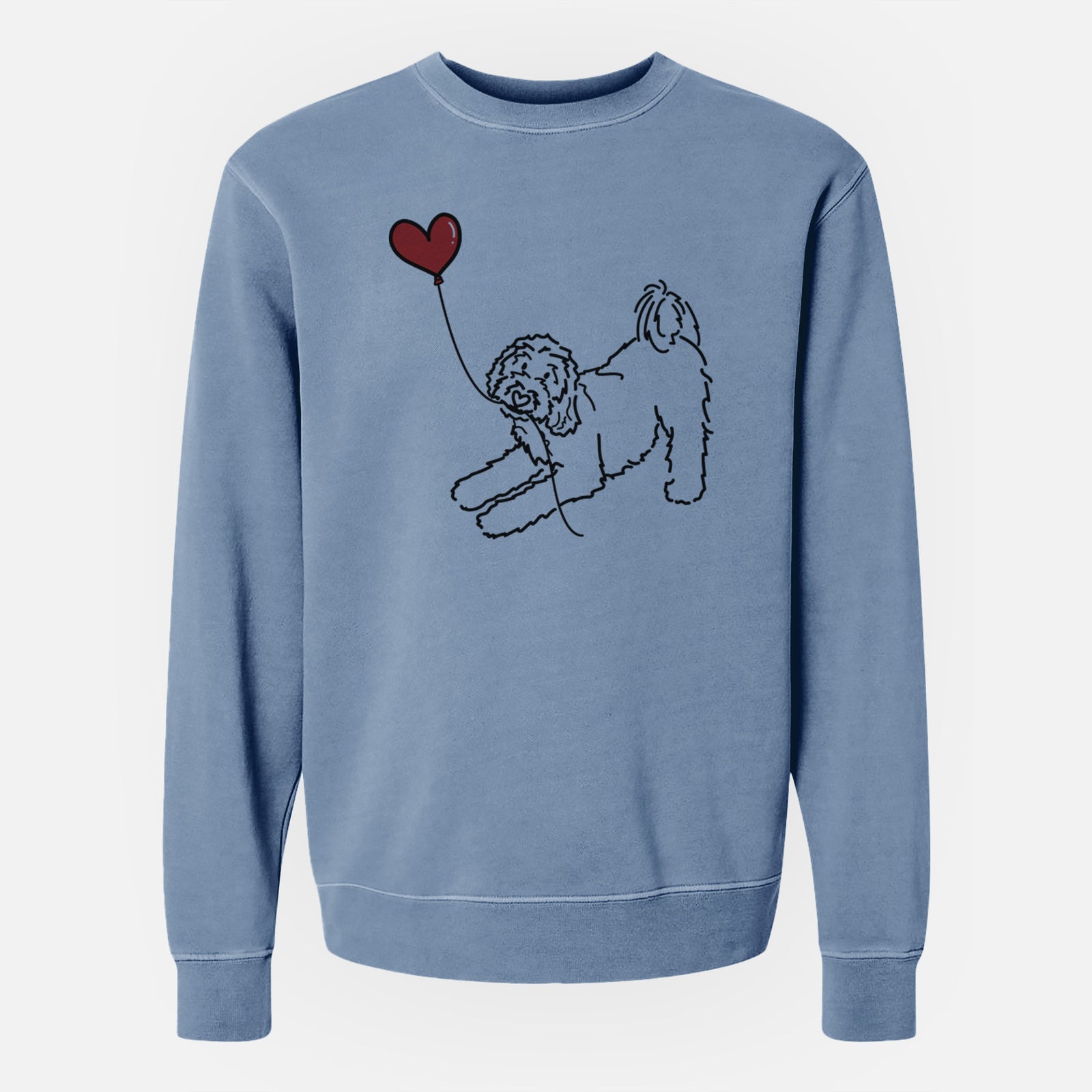 Minimalist line drawing of a Goldendoodle Heart String holding a heart balloon on a Slate Blue Unisex pigment dyed crew sweatshirt