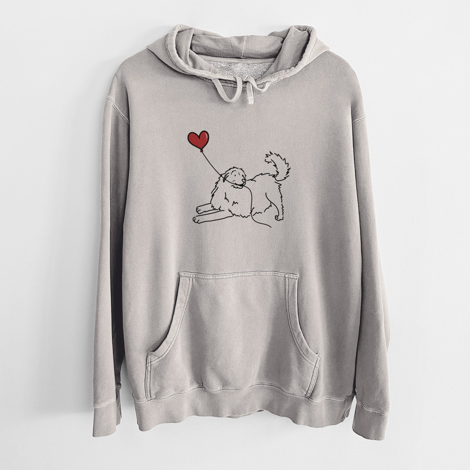 Minimalist line drawing of a Great Pyrenees Heart String holding a heart balloon on a Cement Unisex pigment dyed hoodie