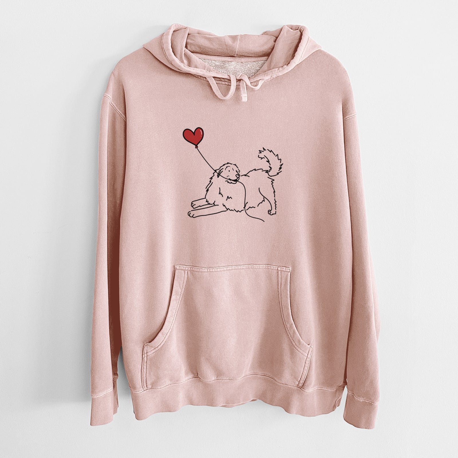 Minimalist line drawing of a Great Pyrenees Heart String holding a heart balloon on a Dusty Pink Unisex pigment dyed hoodie